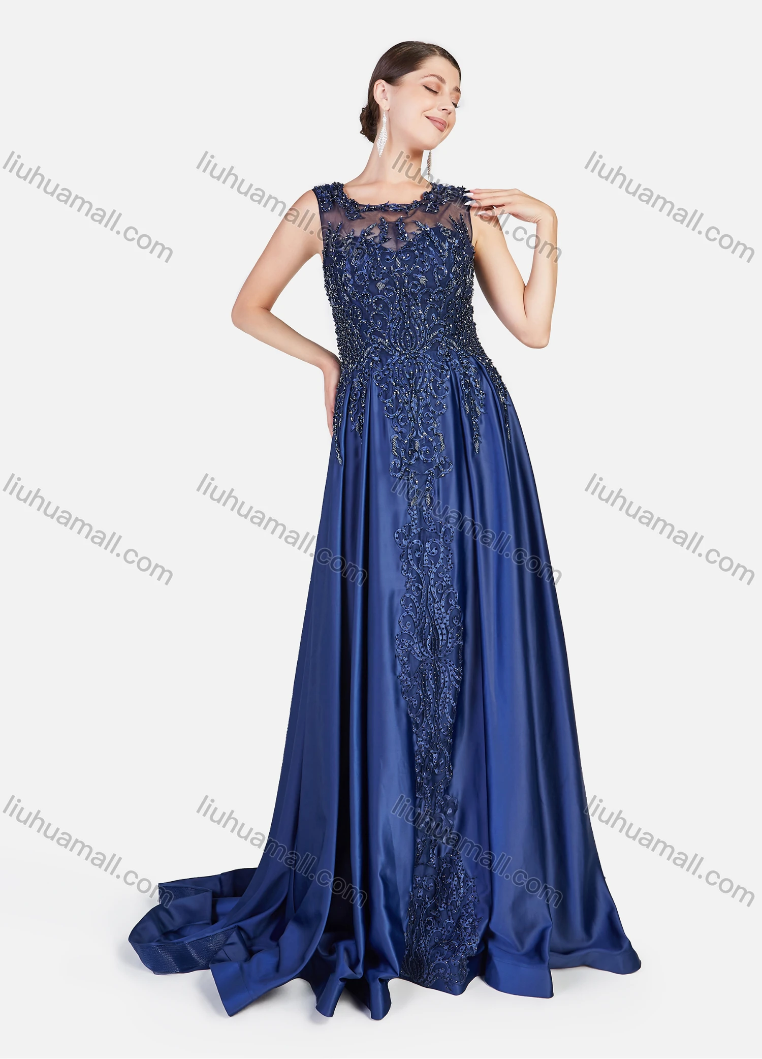 Wholesale Women's Glamorous Embroidery Floral Rhinestone Sleeveless Guipure Lace Floor Length Evening Dress - Liuhuamall