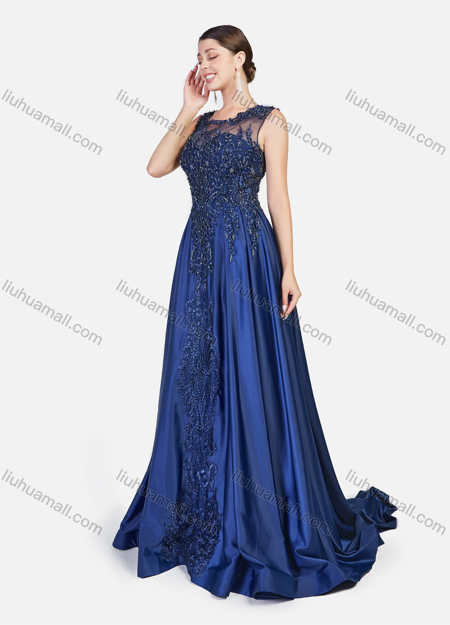 Wholesale Women's Glamorous Embroidery Floral Rhinestone Sleeveless Guipure Lace Floor Length Evening Dress - Liuhuamall