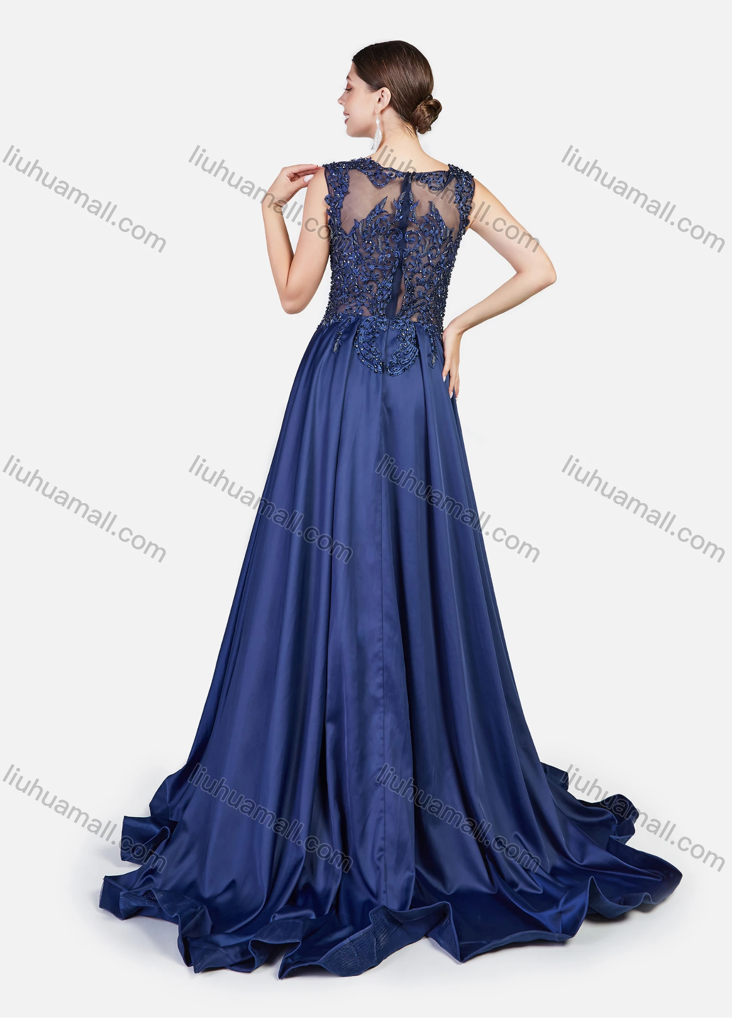 Wholesale Women's Glamorous Embroidery Floral Rhinestone Sleeveless Guipure Lace Floor Length Evening Dress - Liuhuamall