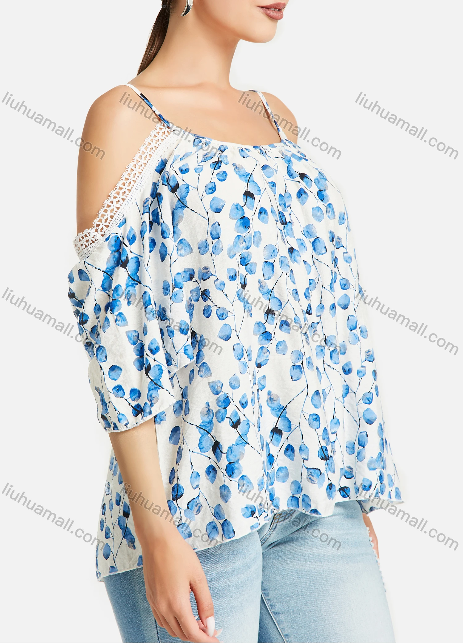 Wholesale Women's Leaf Prints Cold Shoulder Lace Trim Casual Blosue - Liuhuamall