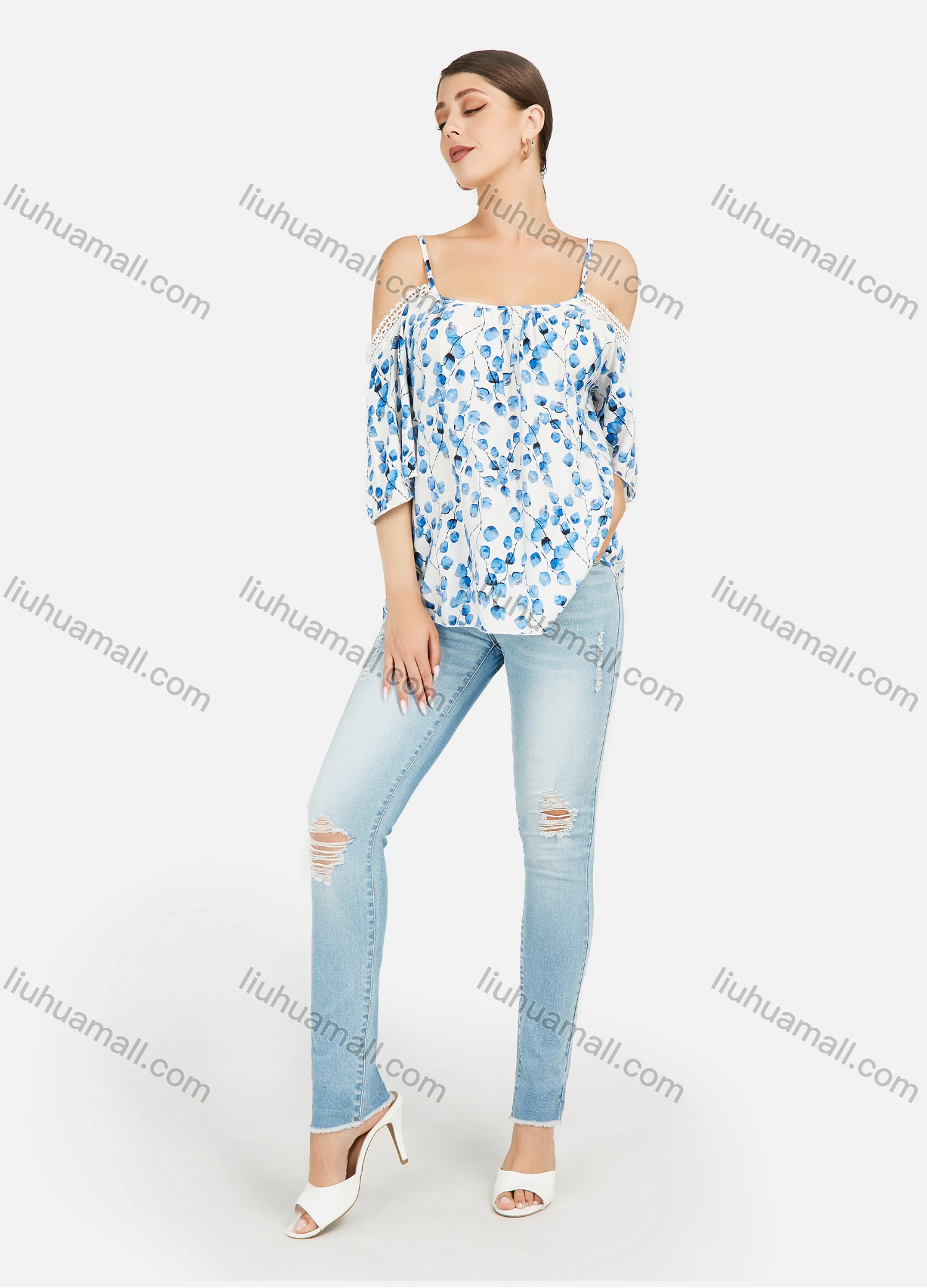 Wholesale Women's Leaf Prints Cold Shoulder Lace Trim Casual Blosue - Liuhuamall