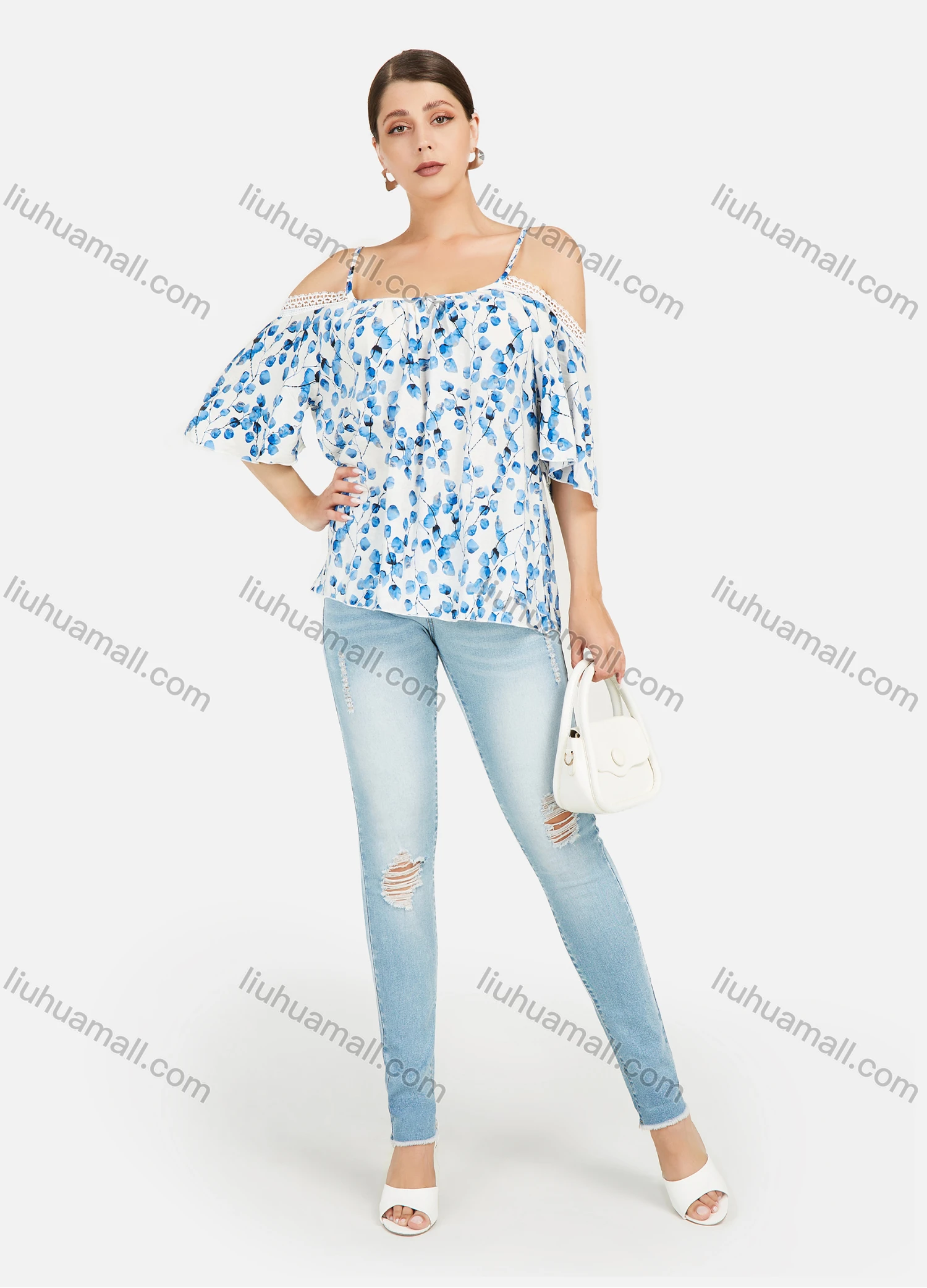 Wholesale Women's Leaf Prints Cold Shoulder Lace Trim Casual Blosue - Liuhuamall