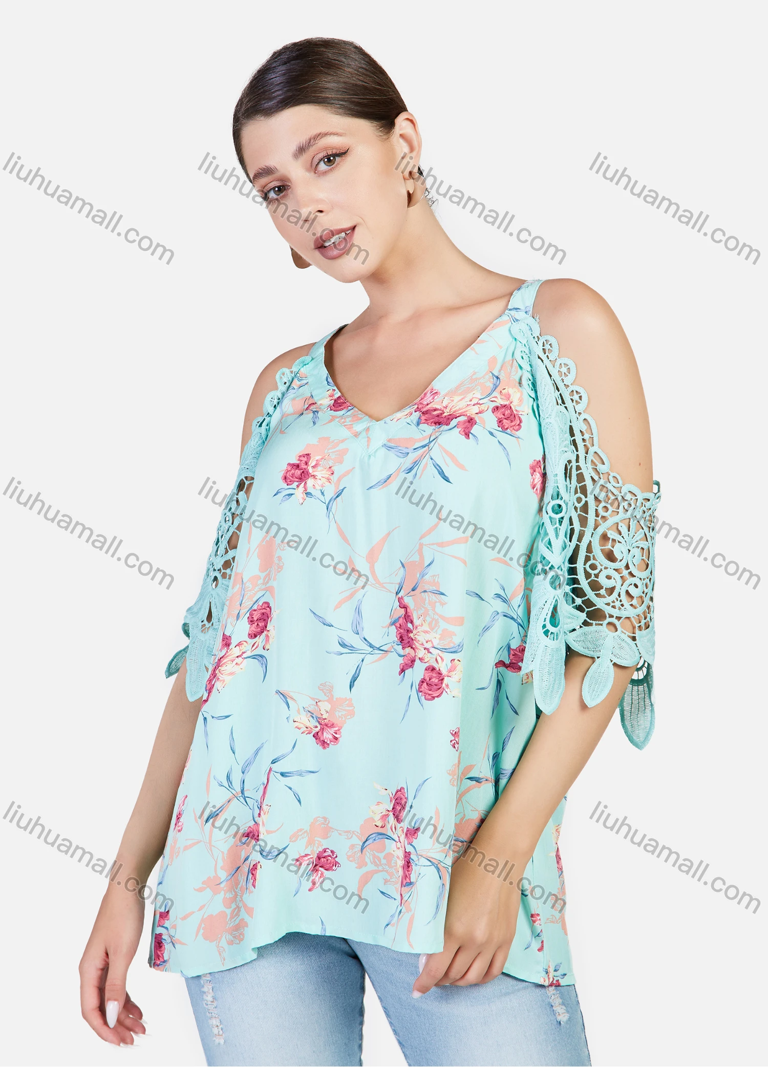 Wholesale Women's V Neck Hollow Out Sleeve Flower Print Cold Shoulder Casual Blosue - Liuhuamall