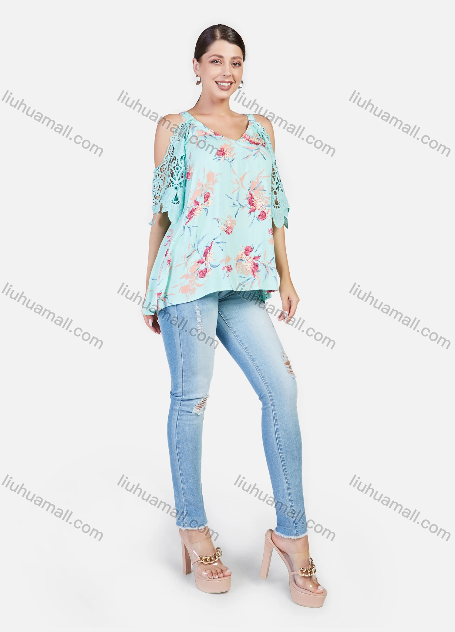 Wholesale Women's V Neck Hollow Out Sleeve Flower Print Cold Shoulder Casual Blosue - Liuhuamall