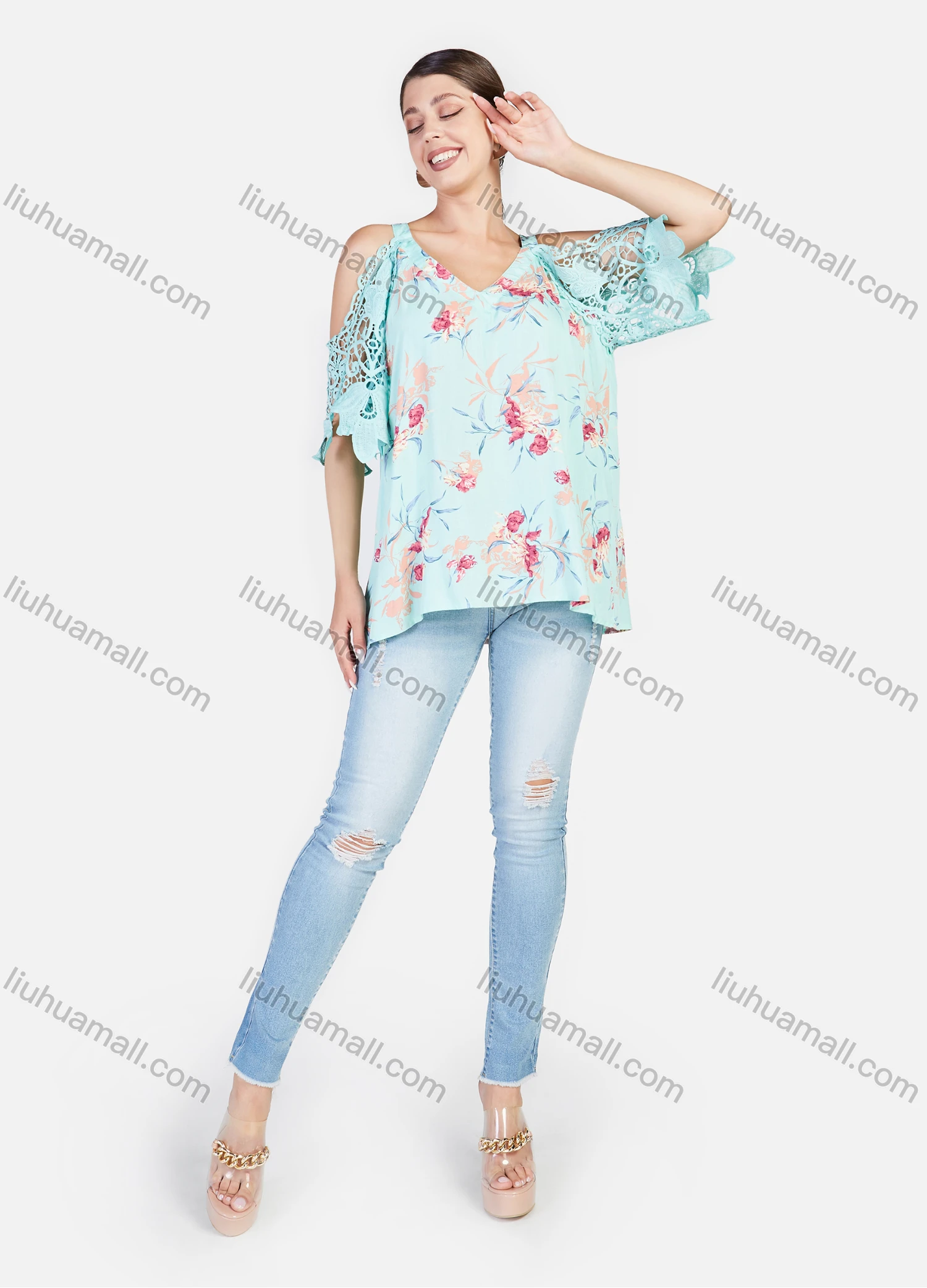 Wholesale Women's V Neck Hollow Out Sleeve Flower Print Cold Shoulder Casual Blosue - Liuhuamall