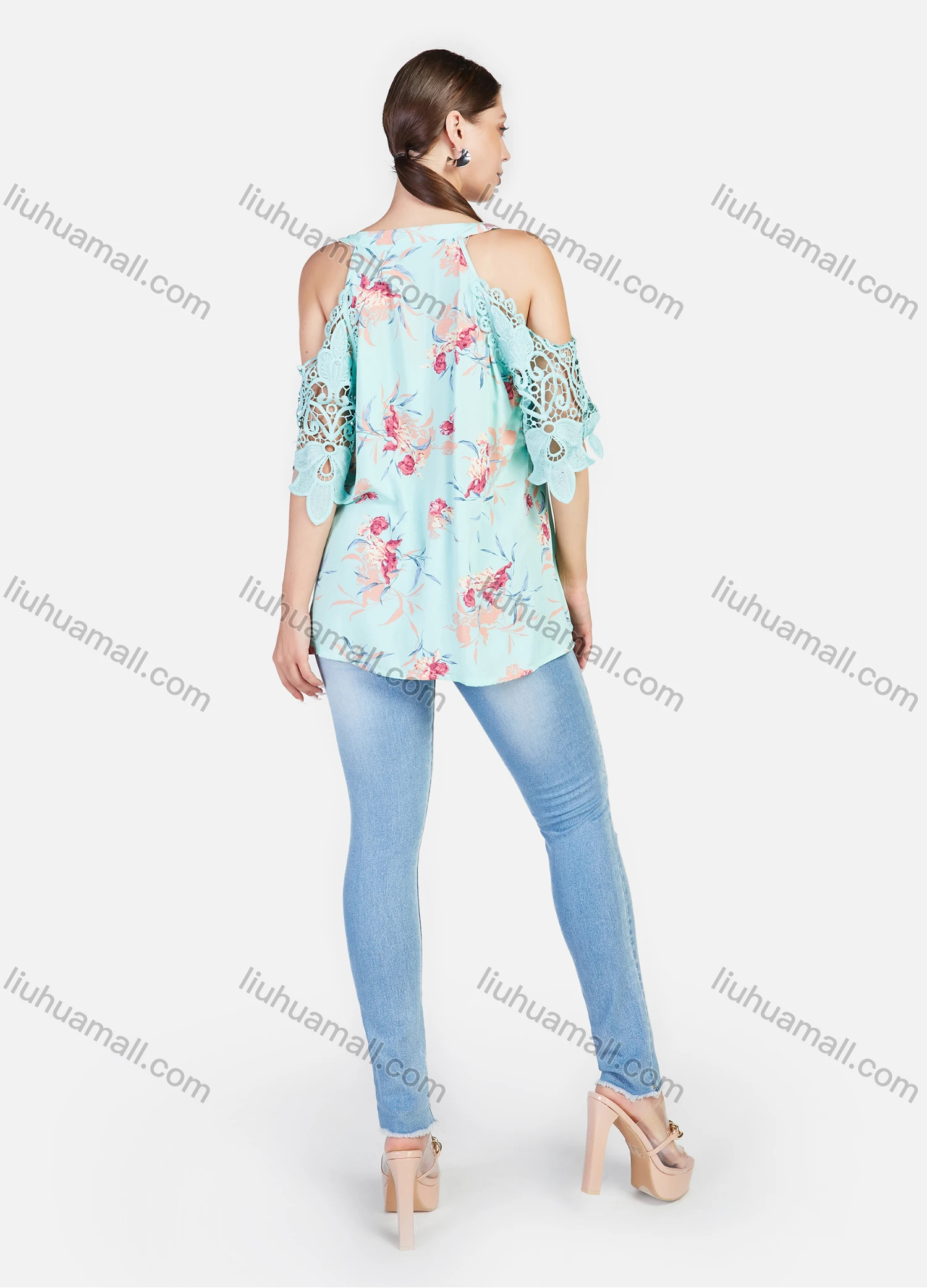 Wholesale Women's V Neck Hollow Out Sleeve Flower Print Cold Shoulder Casual Blosue - Liuhuamall