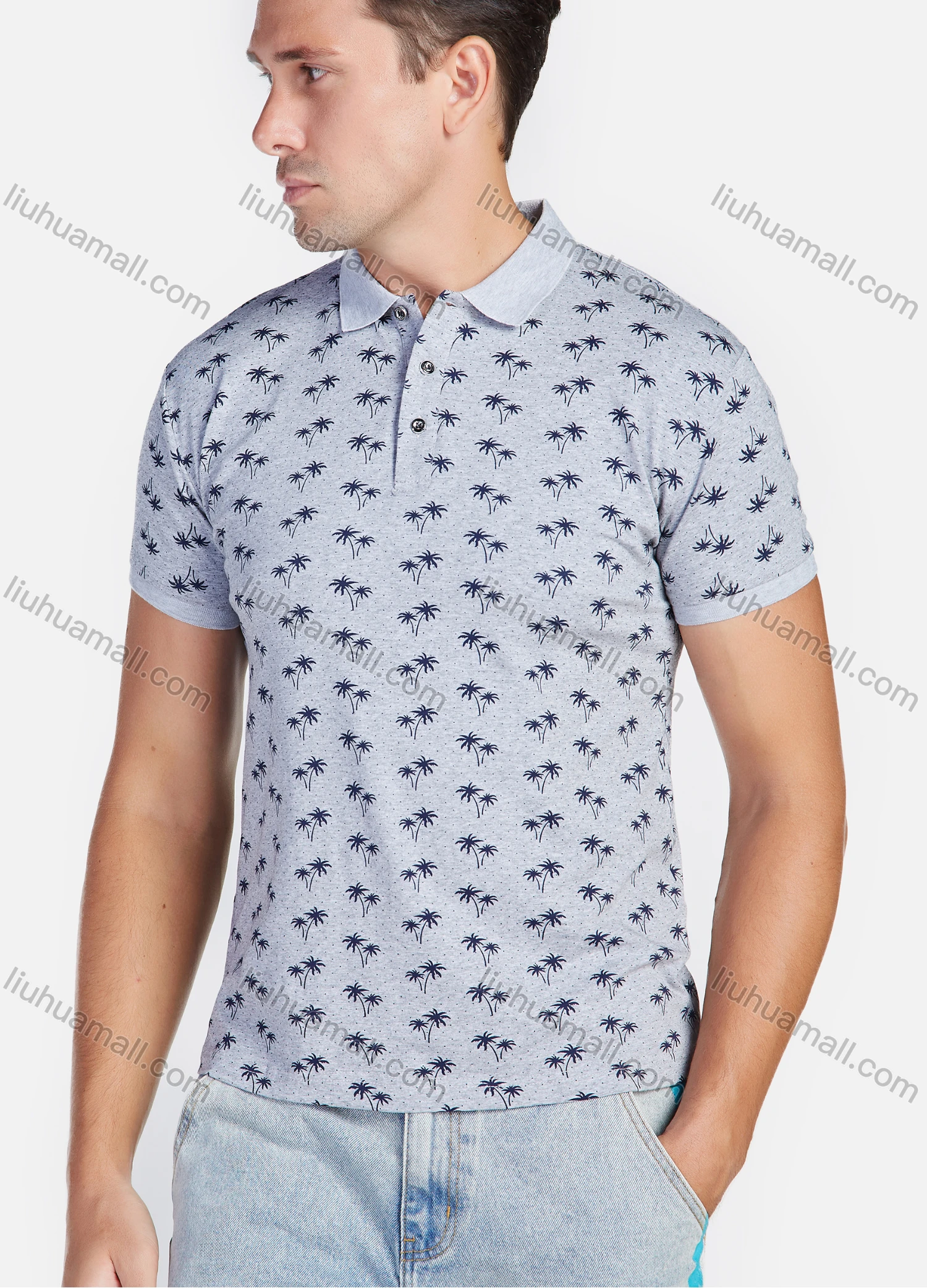 Wholesale Men's Cotton Casual Coconut Trees Print Lapel Short Sleeve Polo Shirt - Liuhuamall