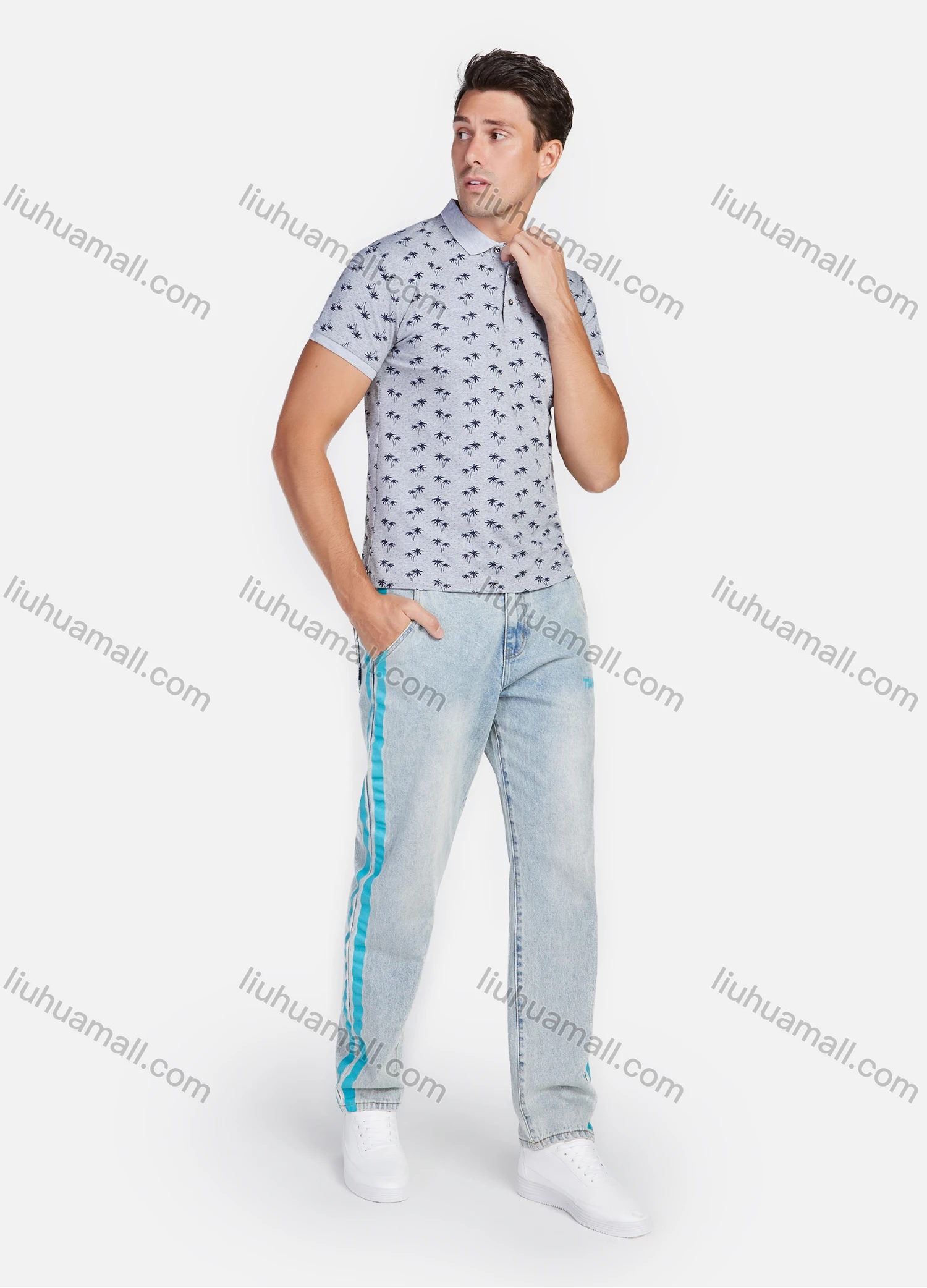 Wholesale Men's Cotton Casual Coconut Trees Print Lapel Short Sleeve Polo Shirt - Liuhuamall