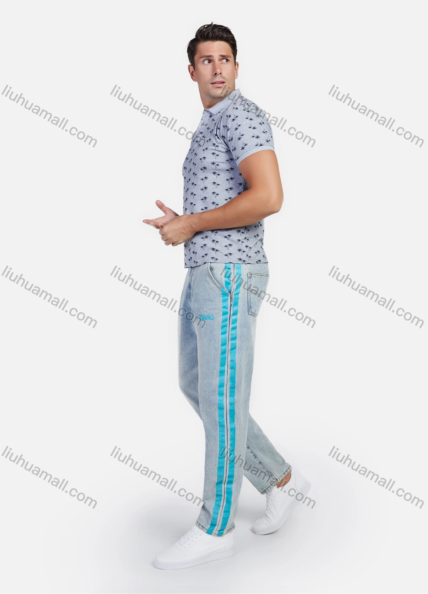 Wholesale Men's Cotton Casual Coconut Trees Print Lapel Short Sleeve Polo Shirt - Liuhuamall