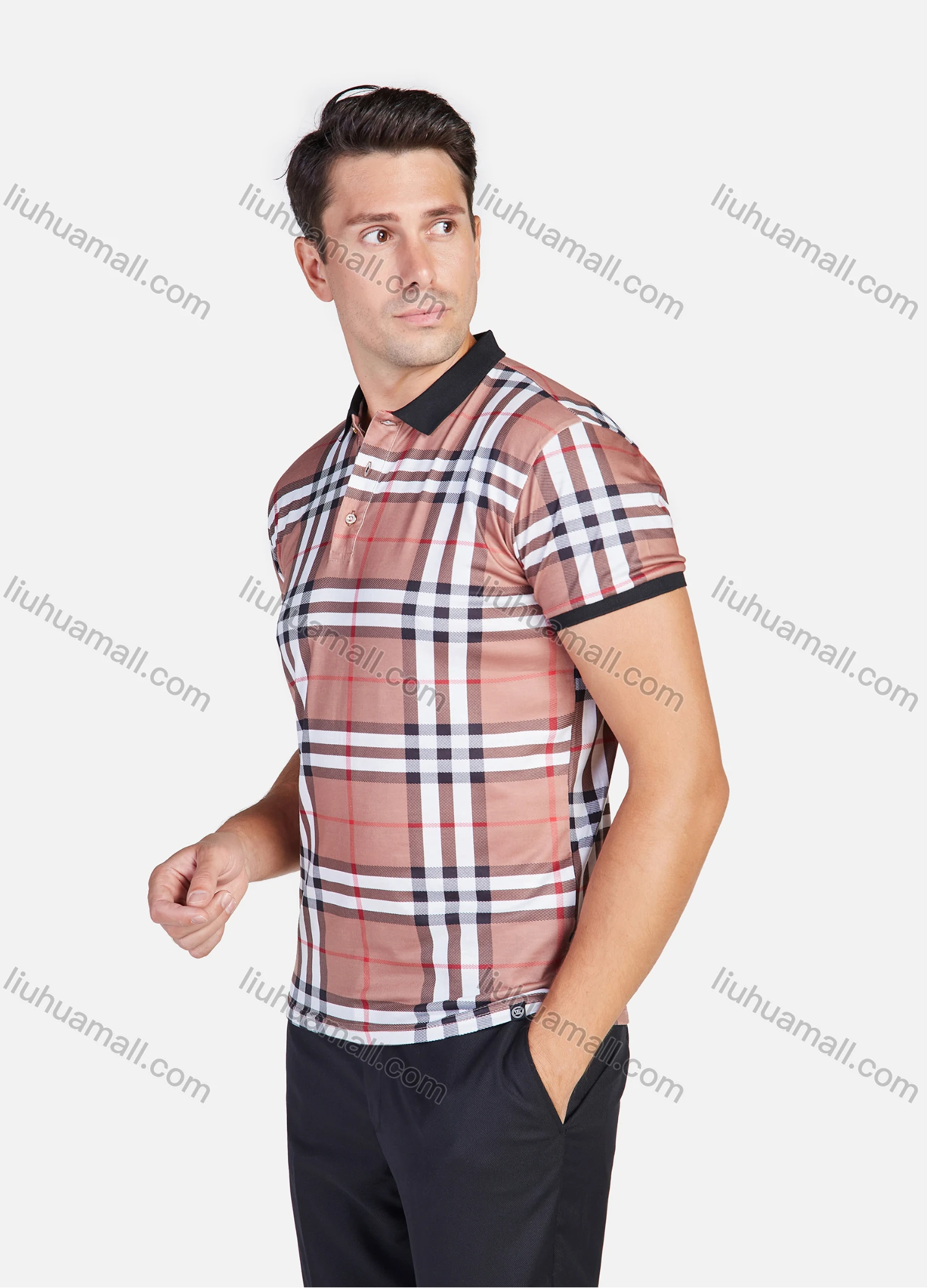 Wholesale Men's Cotton Plaid Print Short Sleeve Casual Daily Life Polo Shirt - Liuhuamall