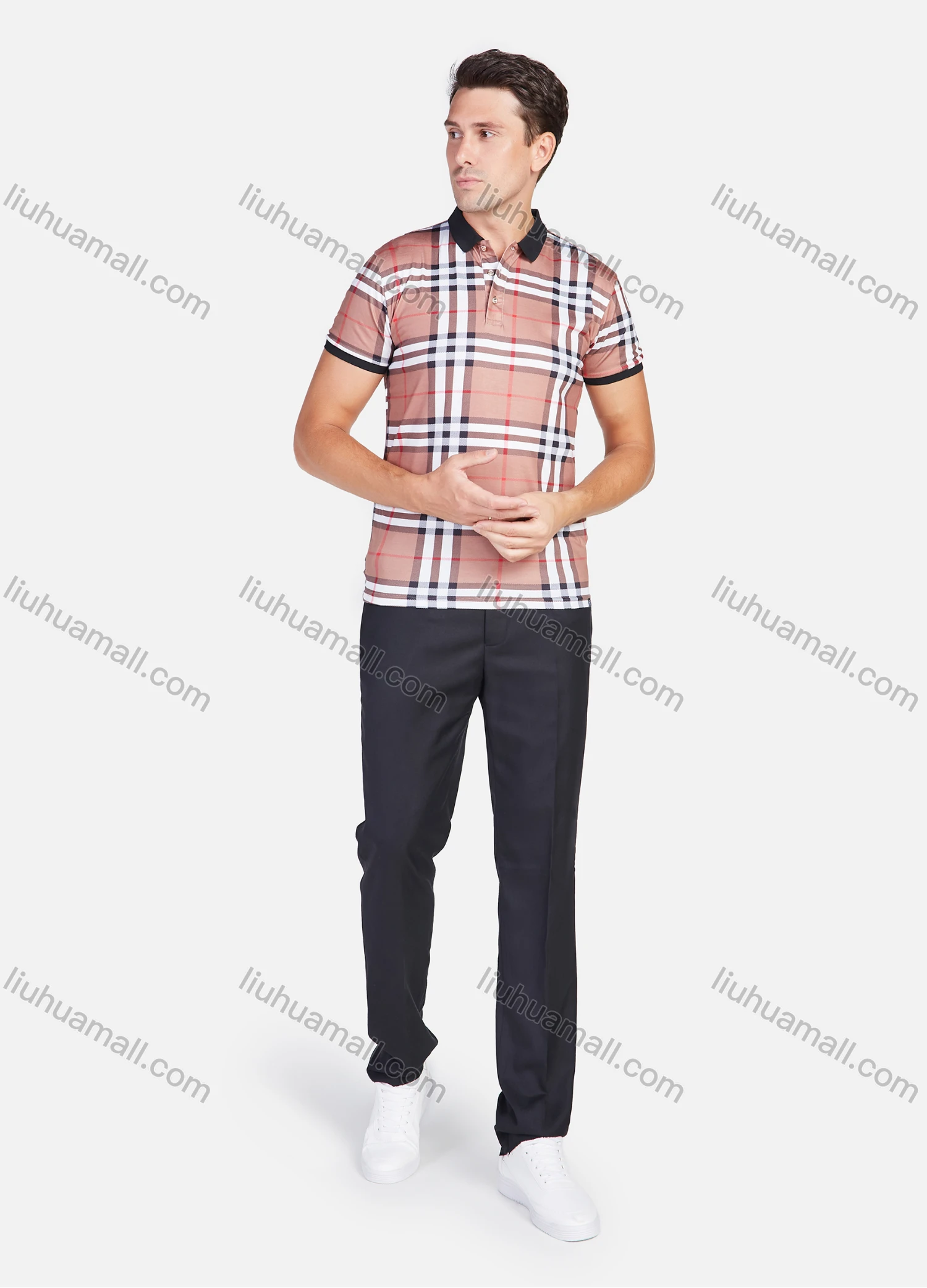 Wholesale Men's Cotton Plaid Print Short Sleeve Casual Daily Life Polo Shirt - Liuhuamall