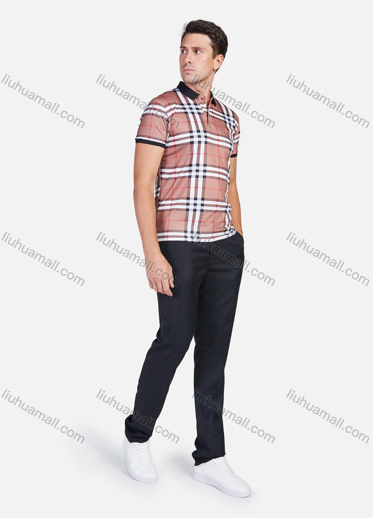 Wholesale Men's Cotton Plaid Print Short Sleeve Casual Daily Life Polo Shirt - Liuhuamall
