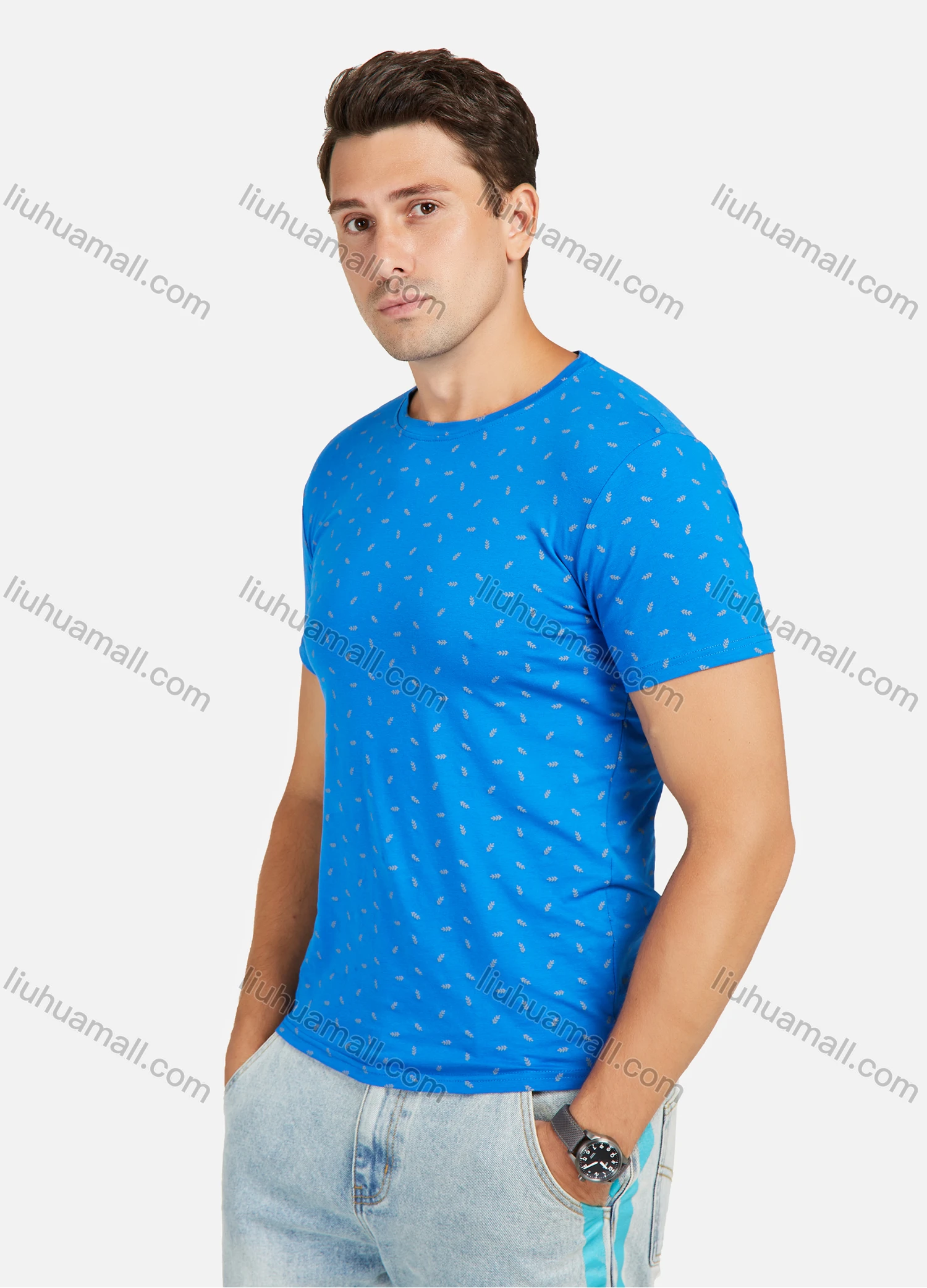 Wholesale Men's Cotton Casual Slim Fit All Over Leaf Print Comfortable Round Neck Short Sleeve Tee - Liuhuamall