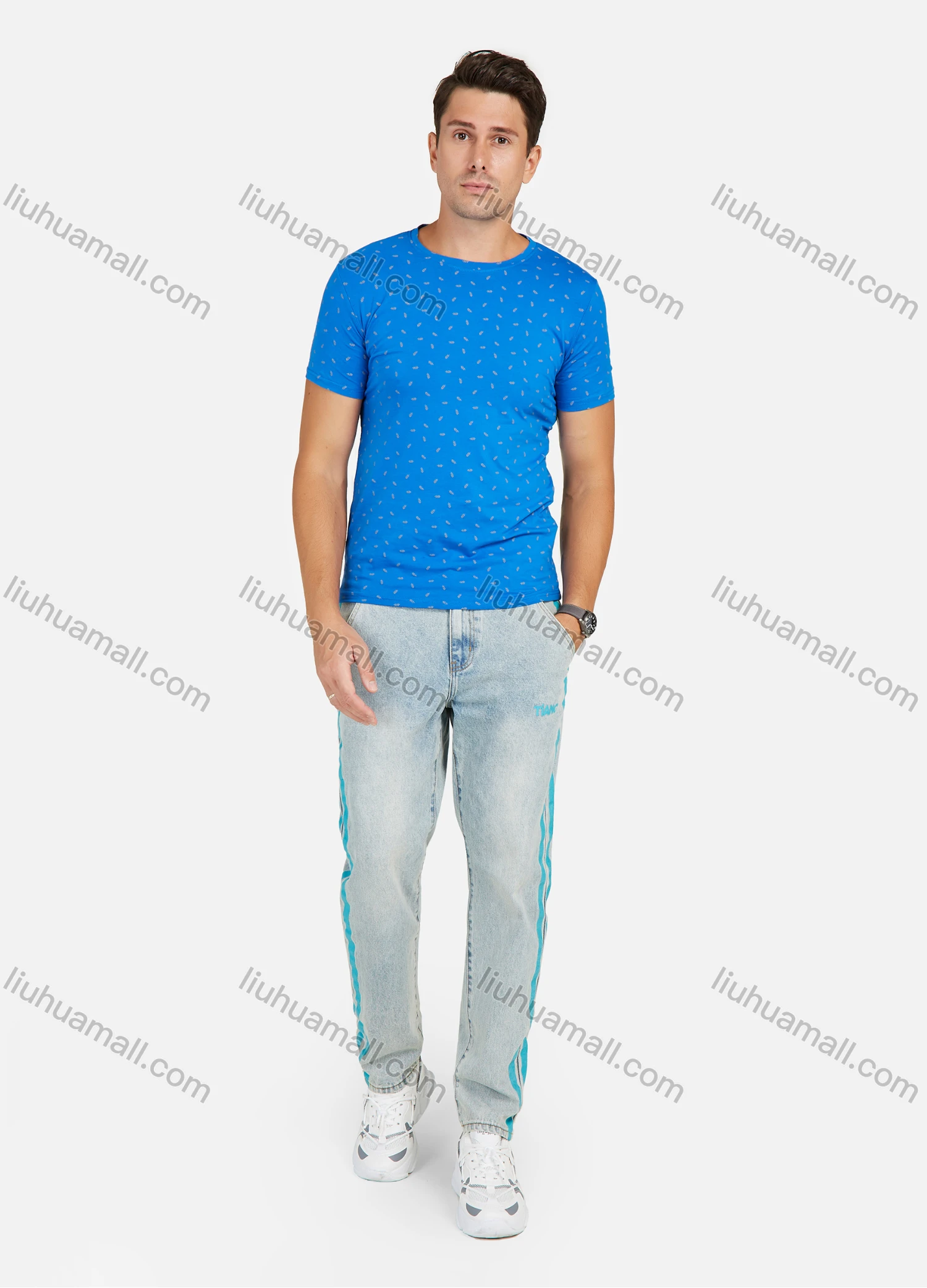 Wholesale Men's Cotton Casual Slim Fit All Over Leaf Print Comfortable Round Neck Short Sleeve Tee - Liuhuamall