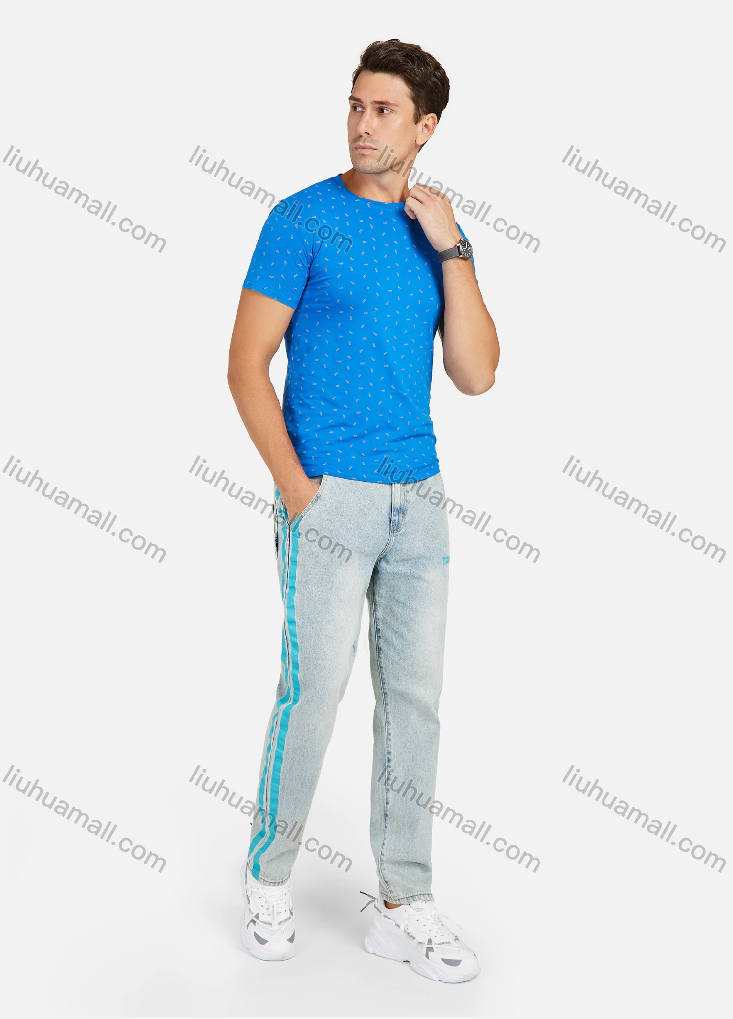 Wholesale Men's Cotton Casual Slim Fit All Over Leaf Print Comfortable Round Neck Short Sleeve Tee - Liuhuamall