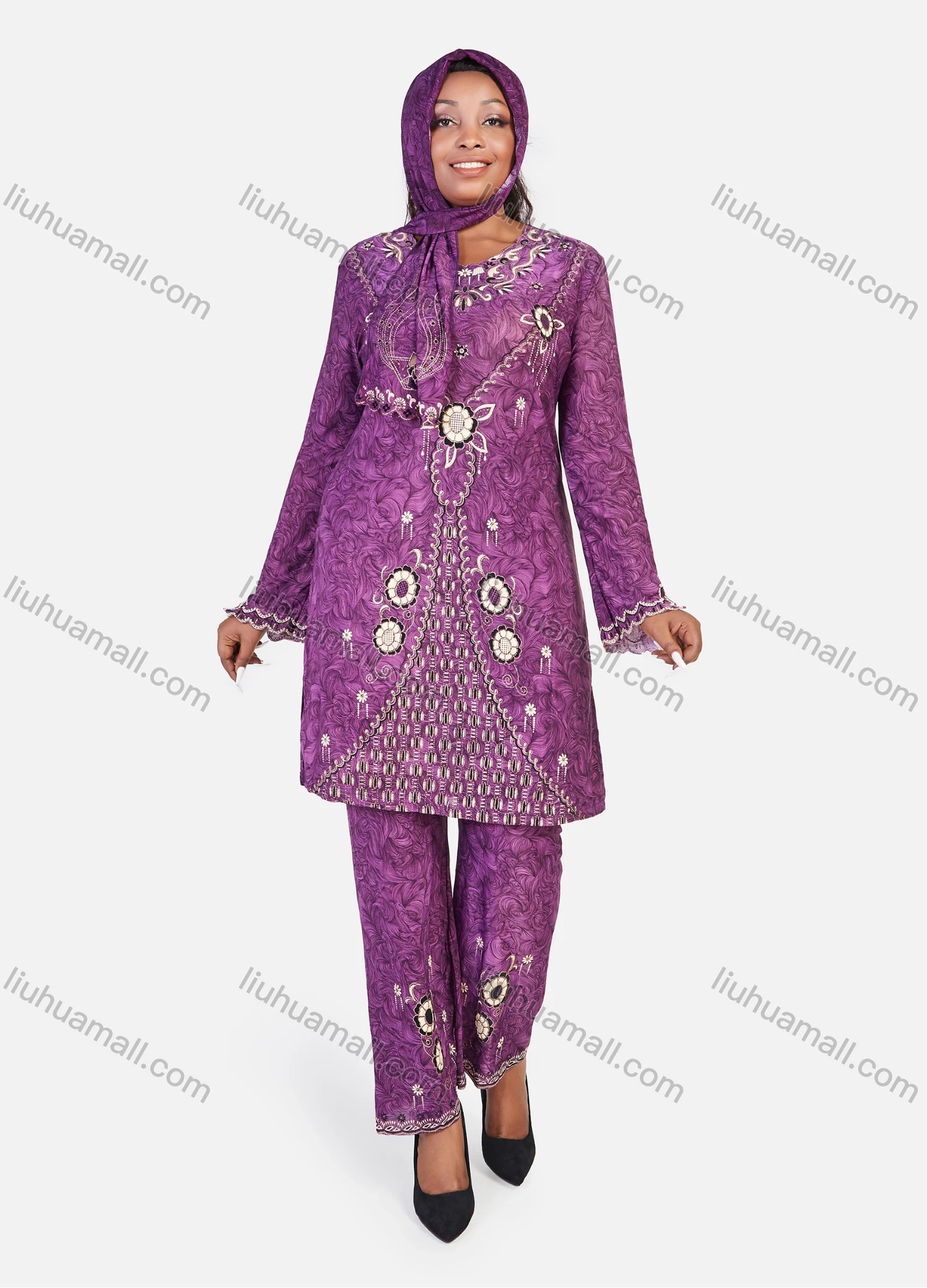 Wholesale Women's Muslim Islamic Folk Art Scalloped Trim Long Sleeve Tunic & Wide Leg Pant & Hijab 3 Piece Set - Liuhuamall