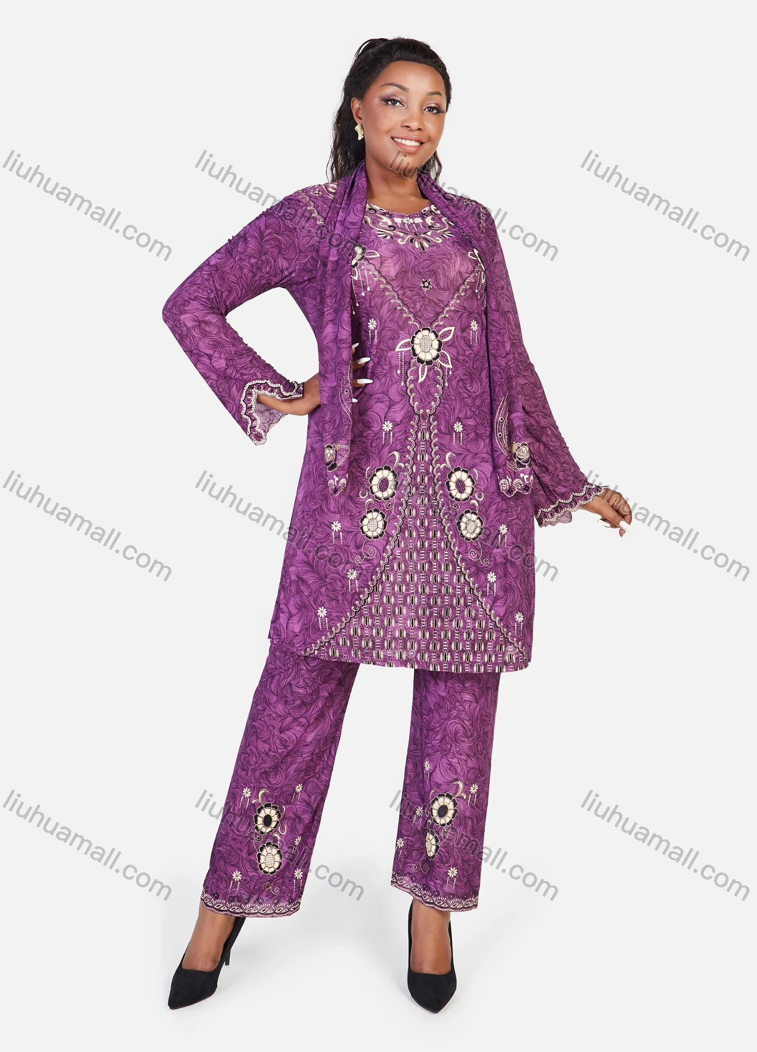 Wholesale Women's Muslim Islamic Folk Art Scalloped Trim Long Sleeve Tunic & Wide Leg Pant & Hijab 3 Piece Set - Liuhuamall