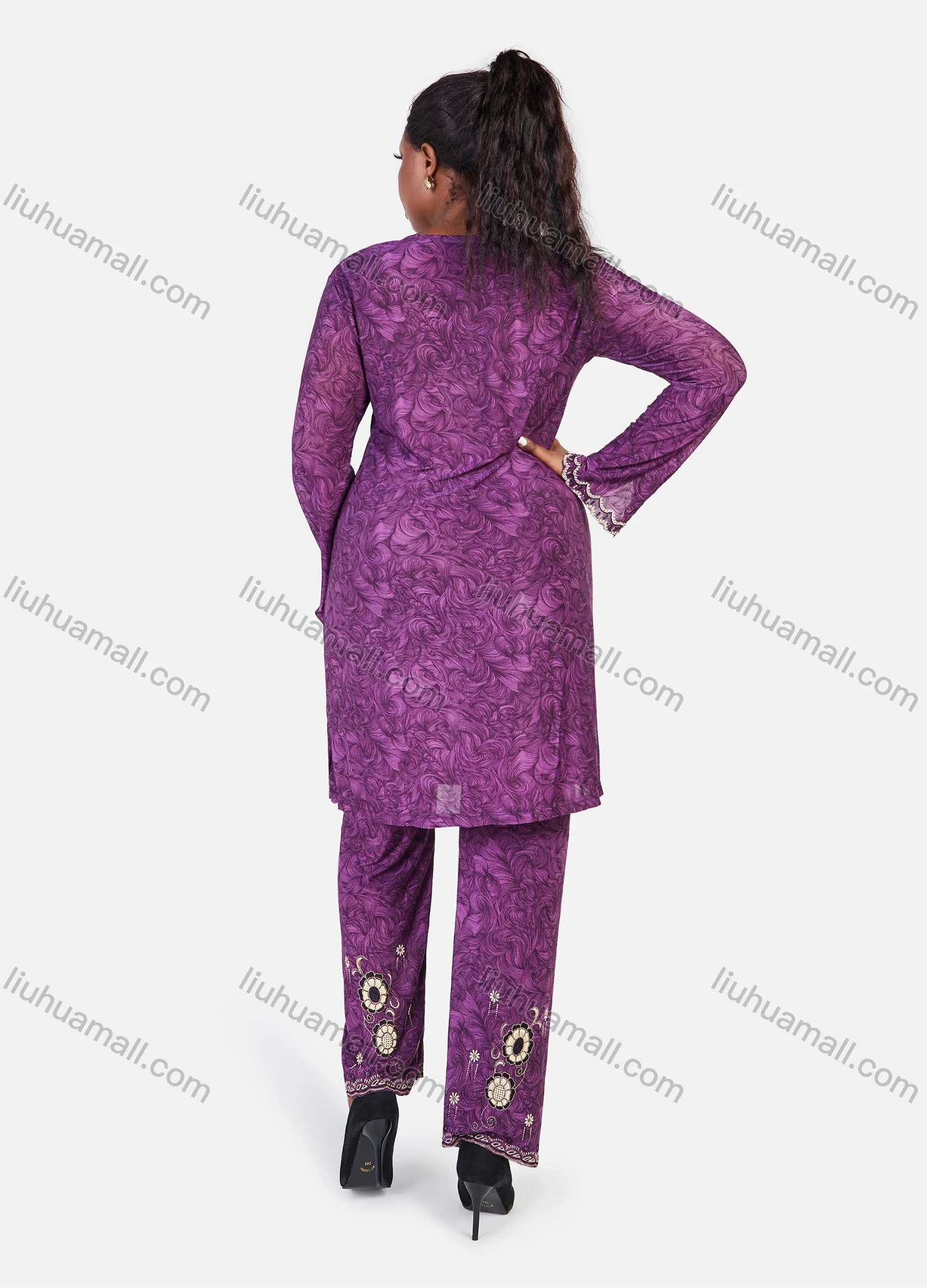 Wholesale Women's Muslim Islamic Folk Art Scalloped Trim Long Sleeve Tunic & Wide Leg Pant & Hijab 3 Piece Set - Liuhuamall