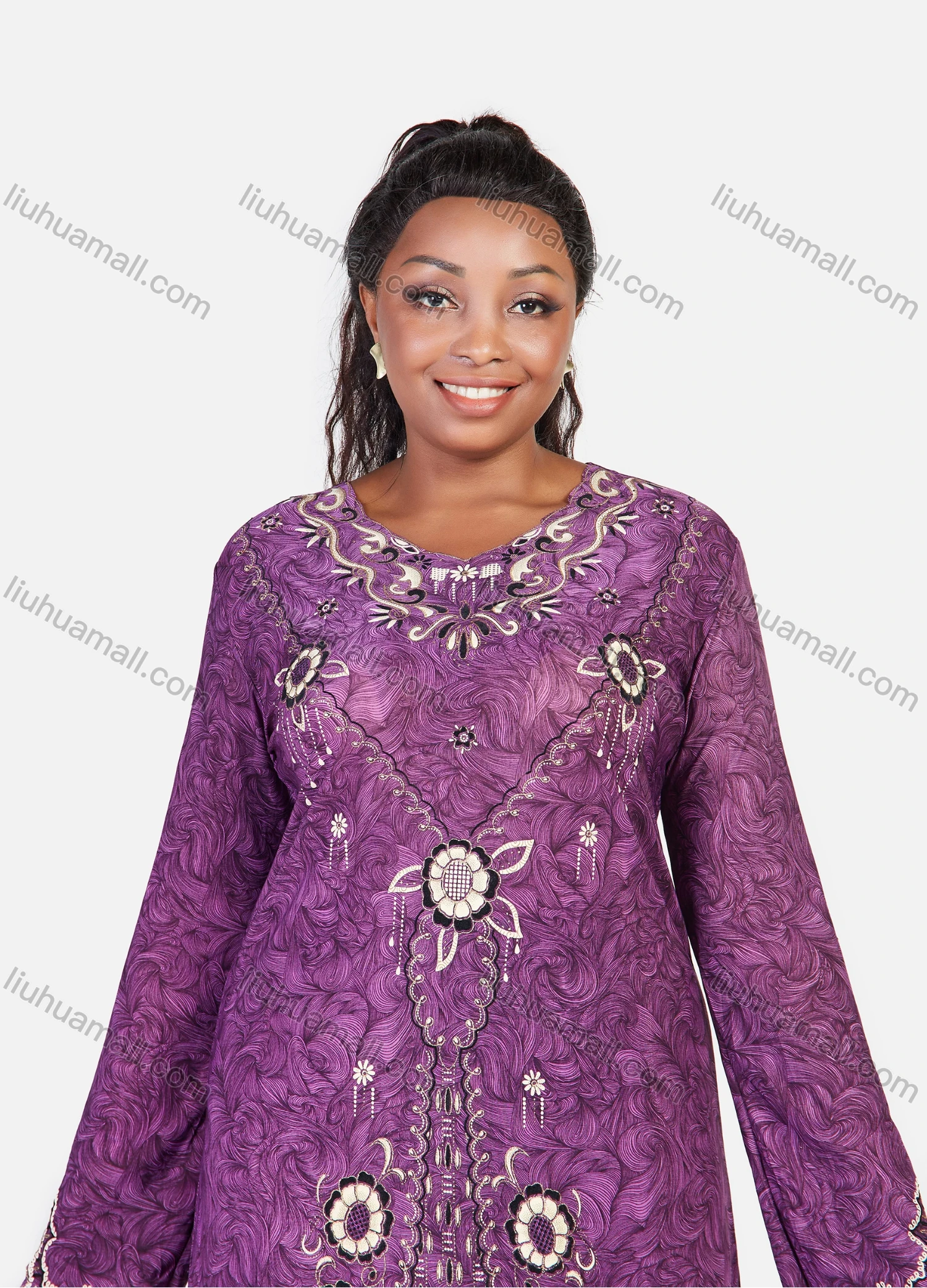 Wholesale Women's Muslim Islamic Folk Art Scalloped Trim Long Sleeve Tunic & Wide Leg Pant & Hijab 3 Piece Set - Liuhuamall