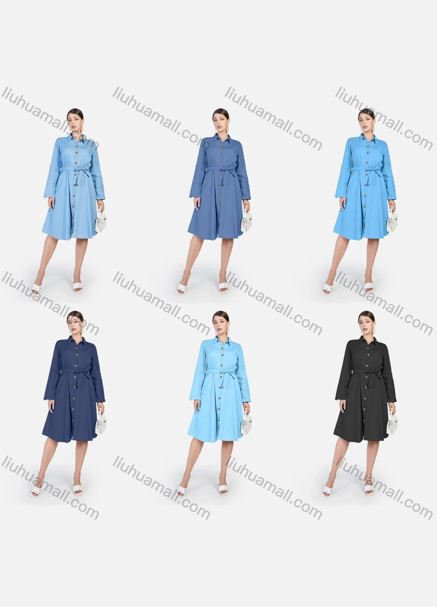 Wholesale Women's Plus Size Casual Button Front Denim Shirt Dress With Belt - Liuhuamall