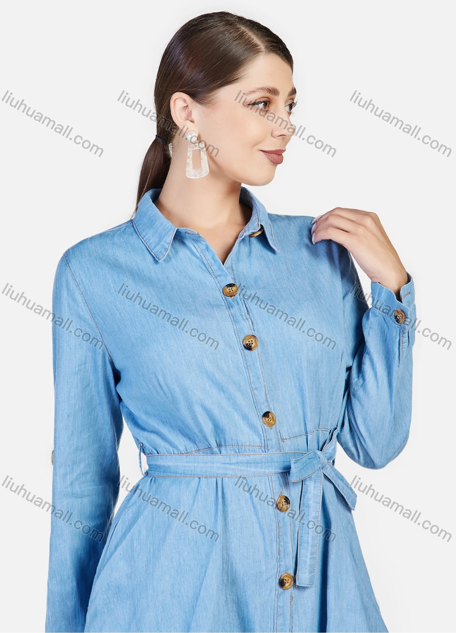 Wholesale Women's Plus Size Casual Button Front Denim Shirt Dress With Belt - Liuhuamall