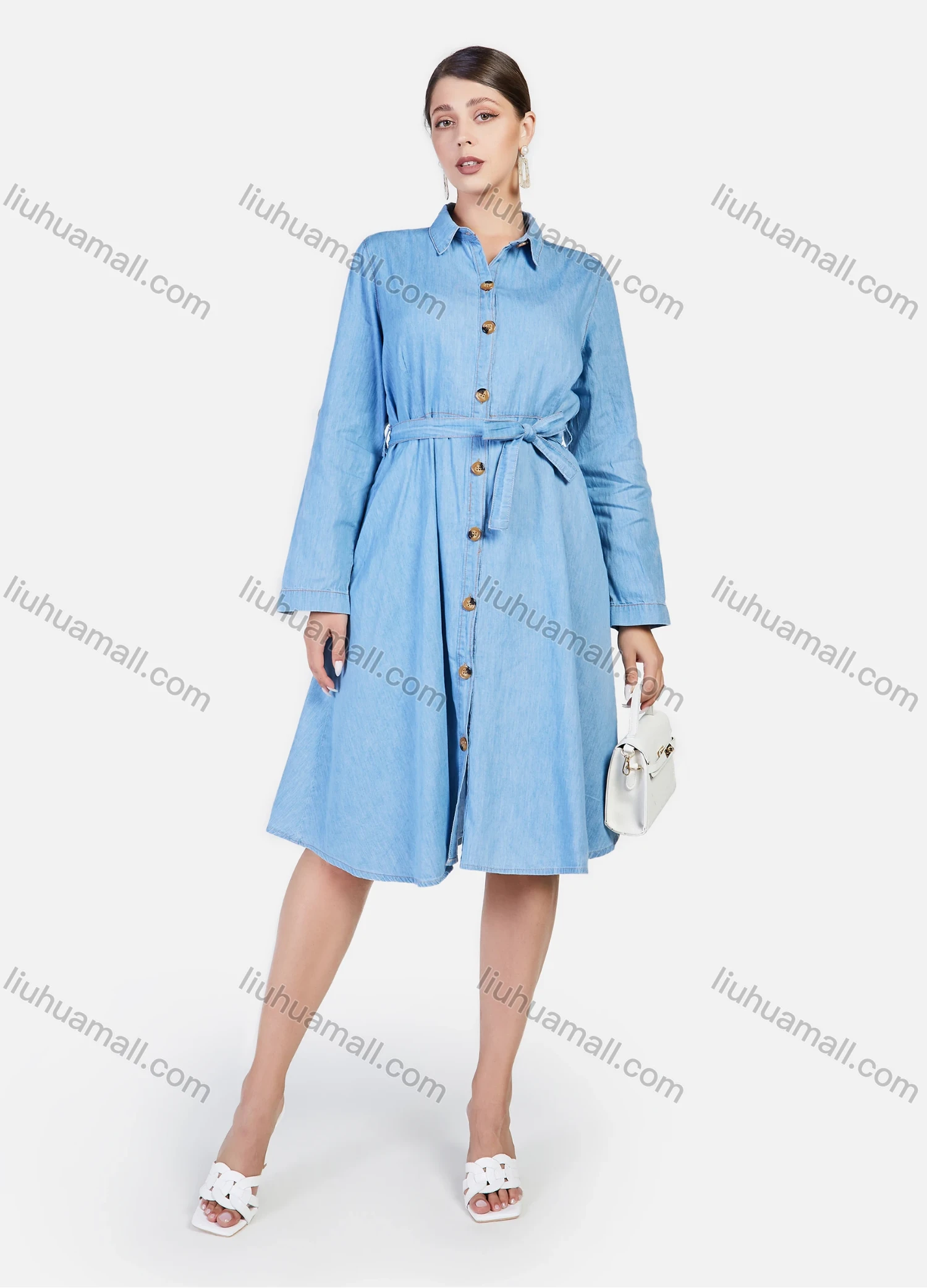 Wholesale Women's Plus Size Casual Button Front Denim Shirt Dress With Belt - Liuhuamall