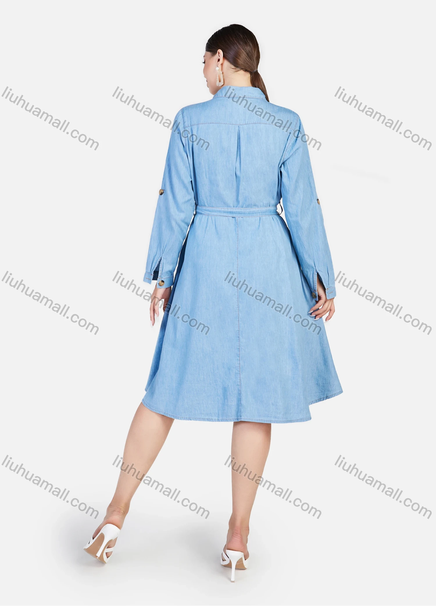 Wholesale Women's Plus Size Casual Button Front Denim Shirt Dress With Belt - Liuhuamall