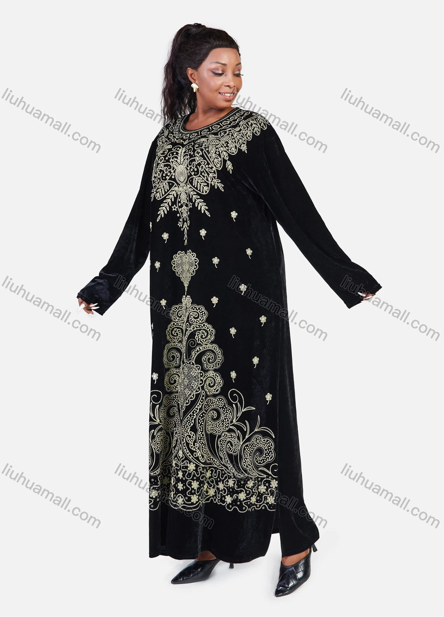 Wholesale Women's Muslim Oversized Floral Modest Velvet Abaya Muslim Embroidery Long Sleeve Maxi Dress - Liuhuamall
