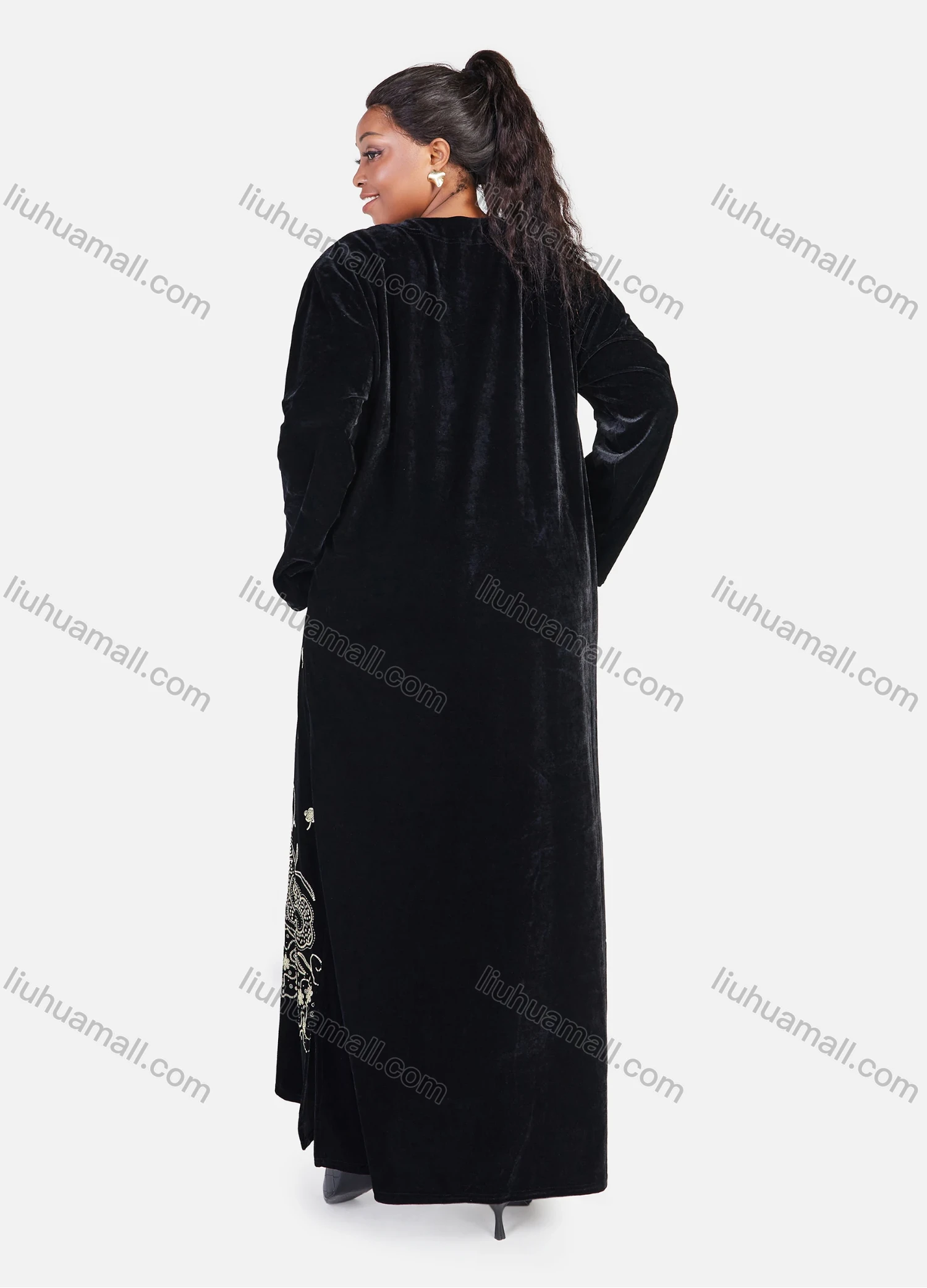 Wholesale Women's Muslim Oversized Floral Modest Velvet Abaya Muslim Embroidery Long Sleeve Maxi Dress - Liuhuamall