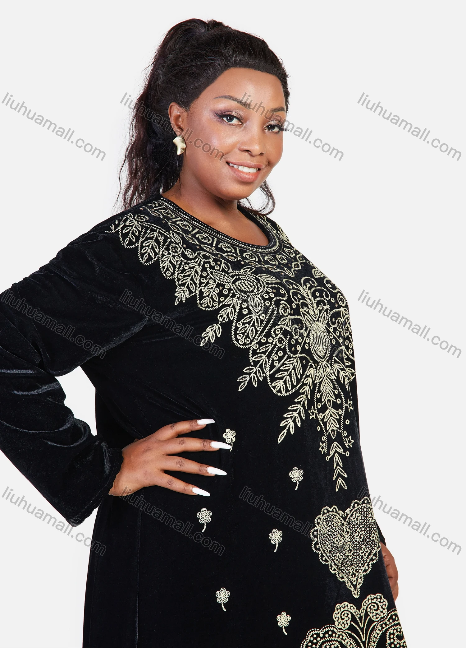 Wholesale Women's Muslim Oversized Floral Modest Velvet Abaya Muslim Embroidery Long Sleeve Maxi Dress - Liuhuamall