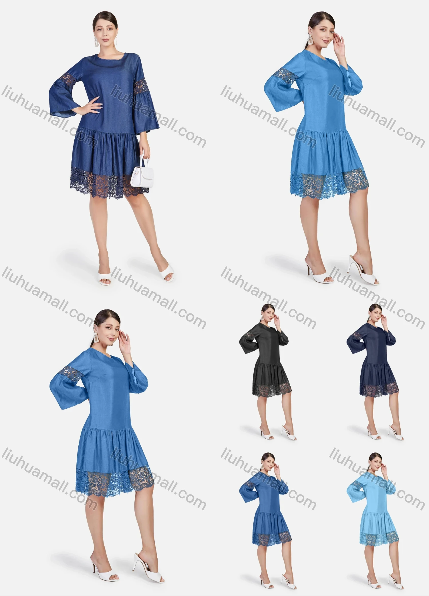 Wholesale Women's Plus Size Bell Sleeve Guipure Lace Short Denim Dress - Liuhuamall