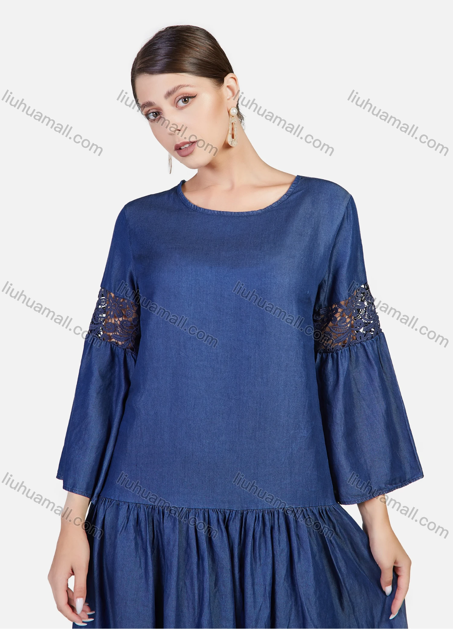 Wholesale Women's Plus Size Bell Sleeve Guipure Lace Short Denim Dress - Liuhuamall