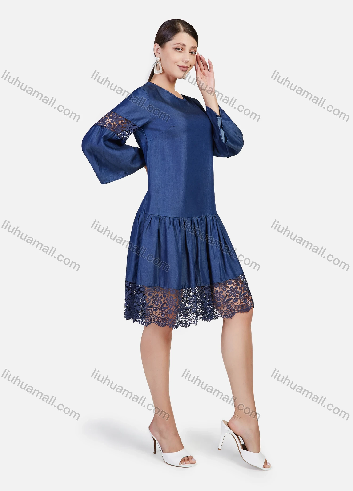 Wholesale Women's Plus Size Bell Sleeve Guipure Lace Short Denim Dress - Liuhuamall