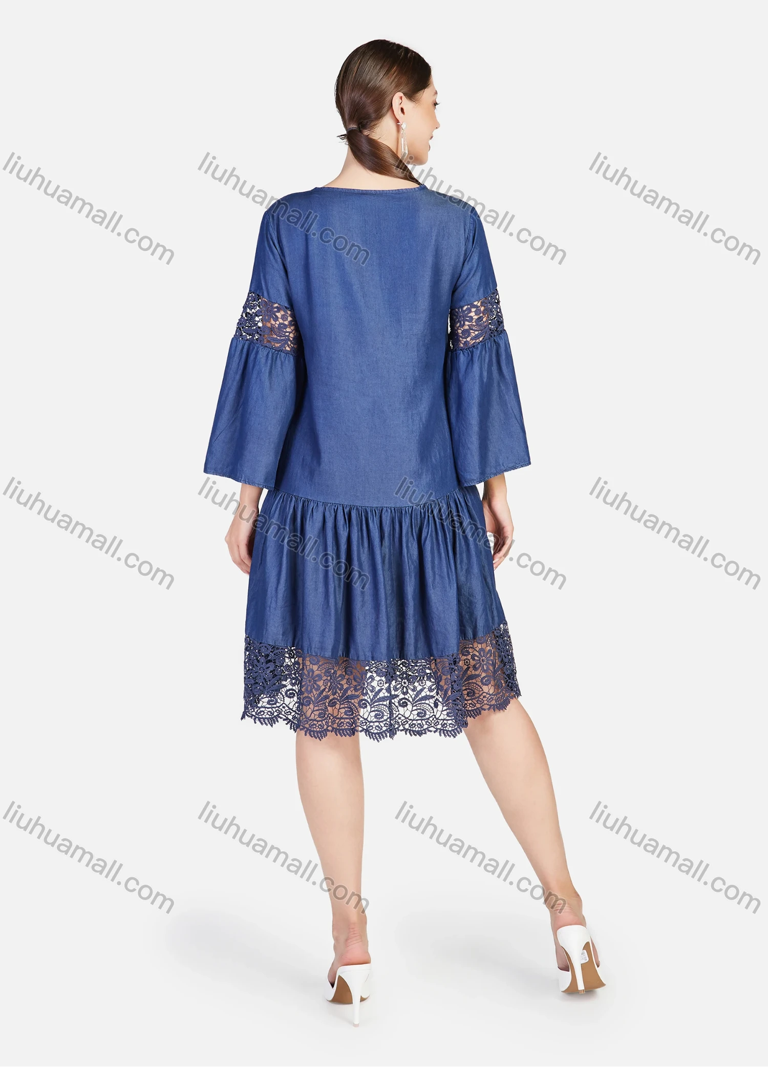 Wholesale Women's Plus Size Bell Sleeve Guipure Lace Short Denim Dress - Liuhuamall