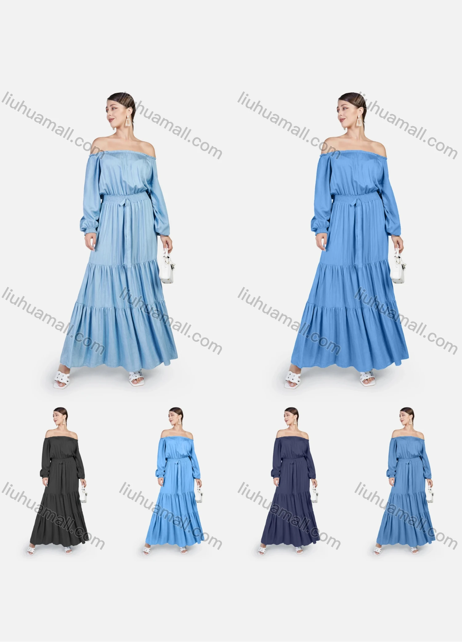 Wholesale Women's Plus Size Casual Off Shoulder Elastic Waist Denim Maxi Dress - Liuhuamall