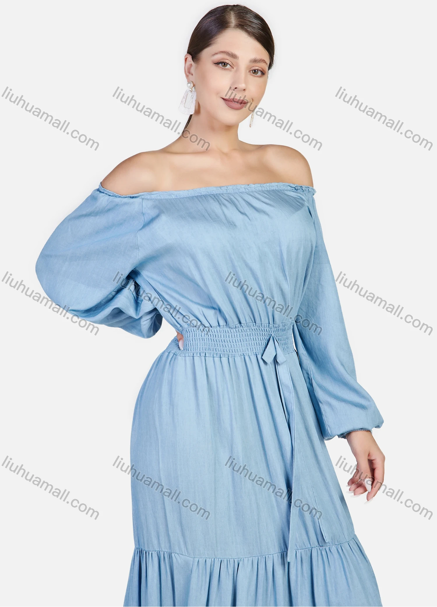 Wholesale Women's Plus Size Casual Off Shoulder Elastic Waist Denim Maxi Dress - Liuhuamall