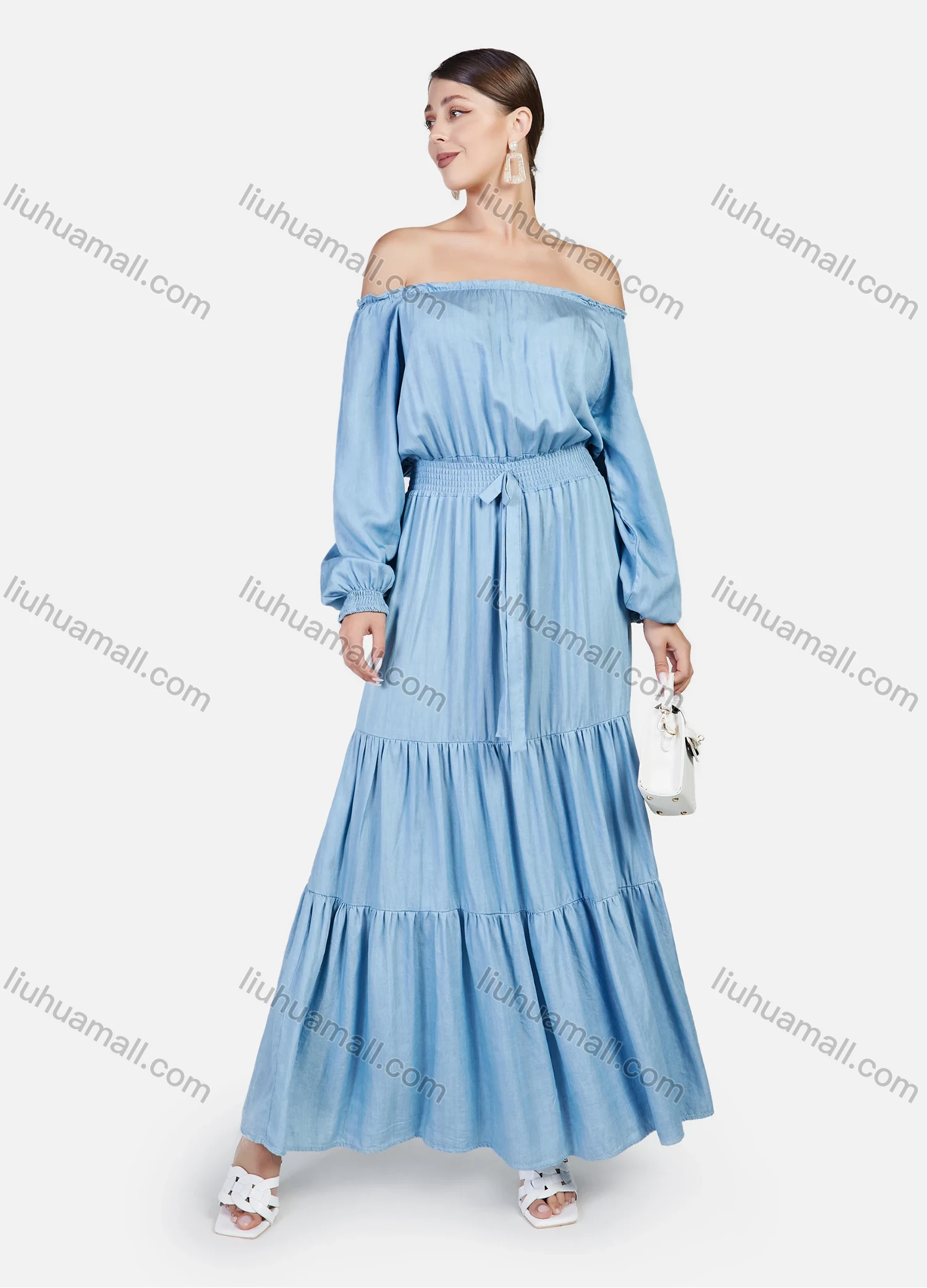 Wholesale Women's Plus Size Casual Off Shoulder Elastic Waist Denim Maxi Dress - Liuhuamall