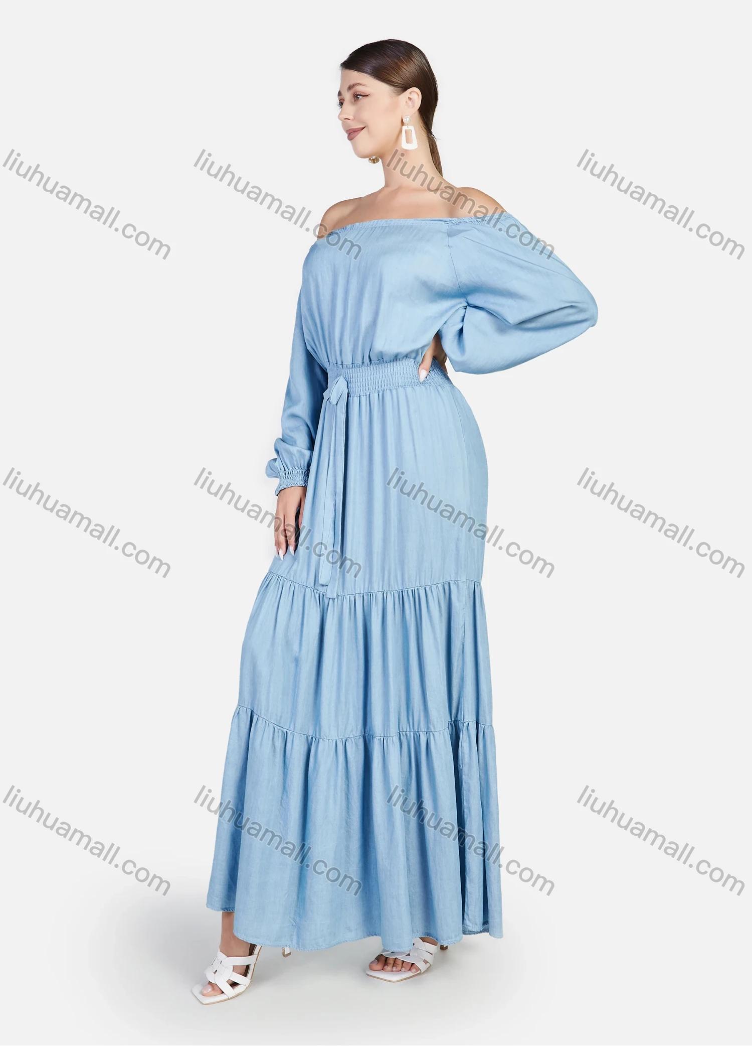 Wholesale Women's Plus Size Casual Off Shoulder Elastic Waist Denim Maxi Dress - Liuhuamall