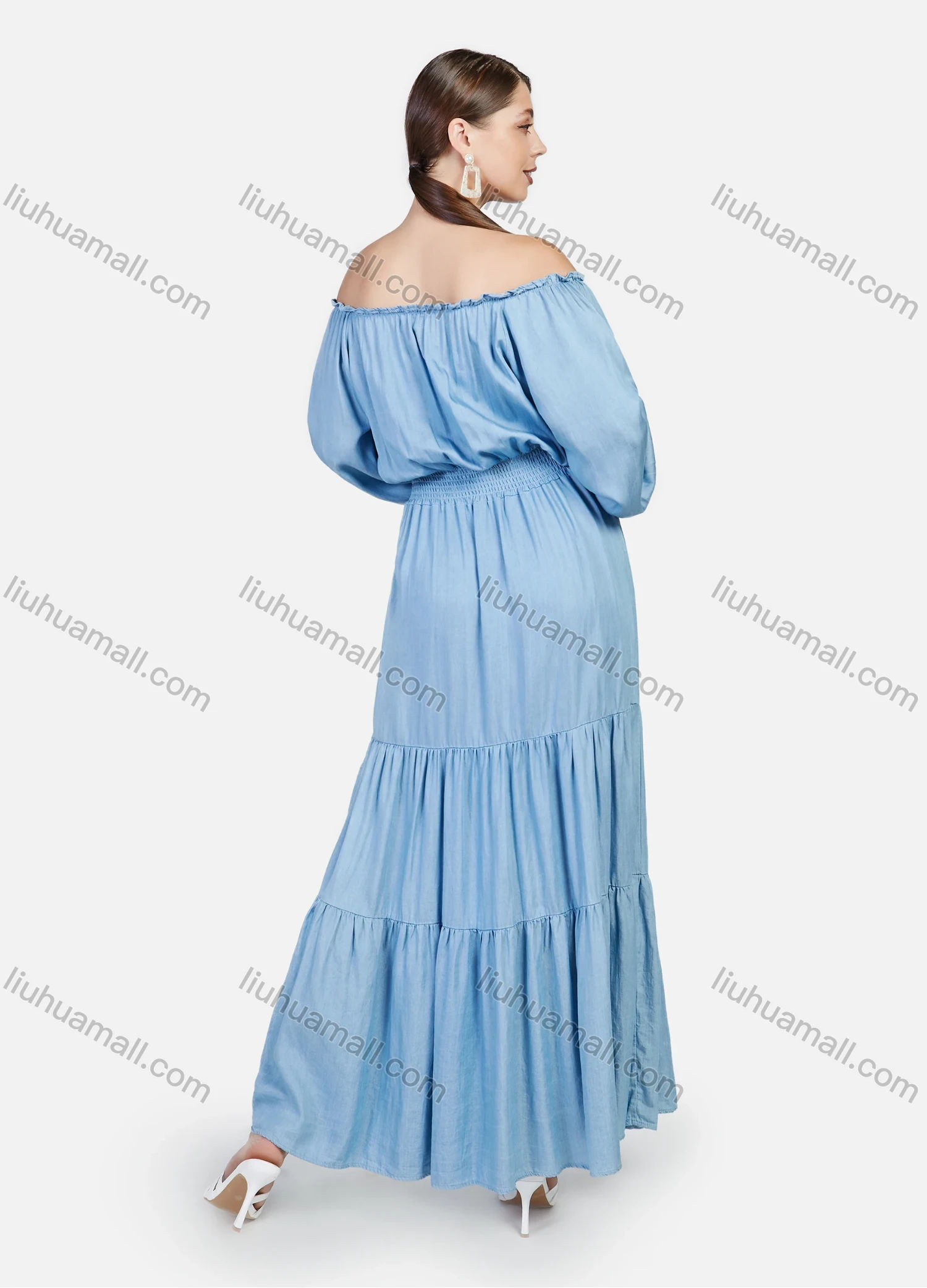 Wholesale Women's Plus Size Casual Off Shoulder Elastic Waist Denim Maxi Dress - Liuhuamall