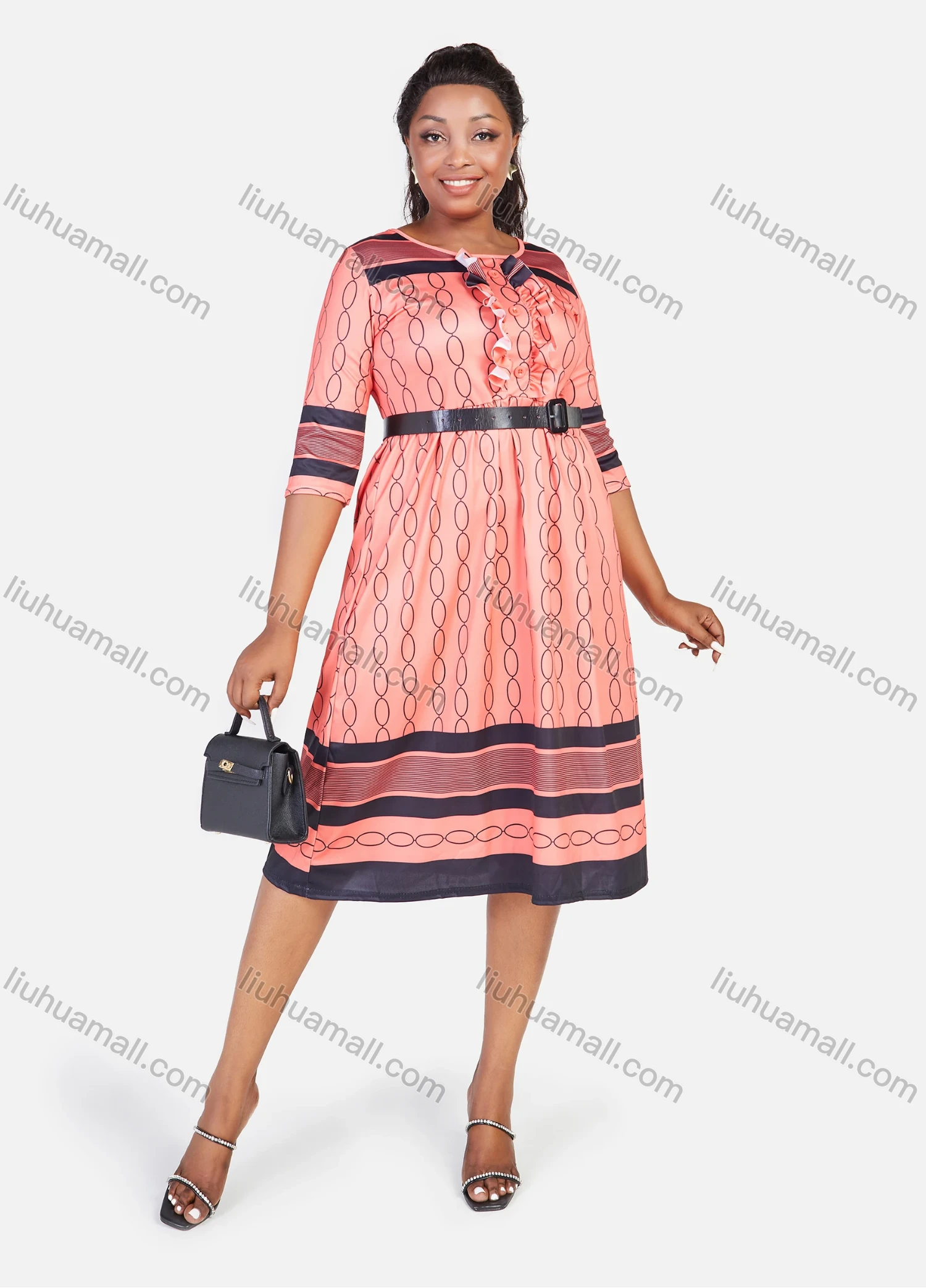 Wholesale Women's Elegant Plus Size High Waist Allover Print Ruffle Trim Half Sleeve Knee Length Dress - Liuhuamall