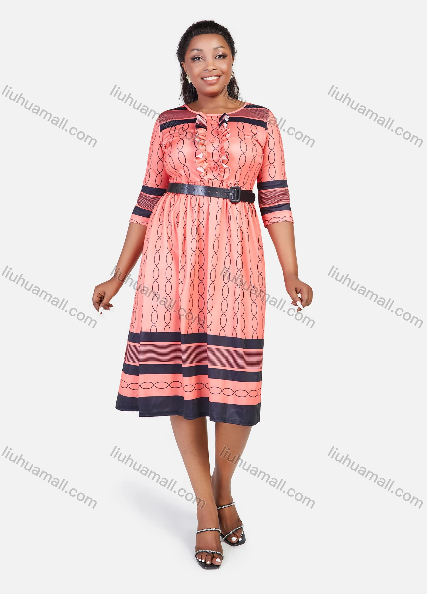 Wholesale Women's Elegant Plus Size High Waist Allover Print Ruffle Trim Half Sleeve Knee Length Dress - Liuhuamall