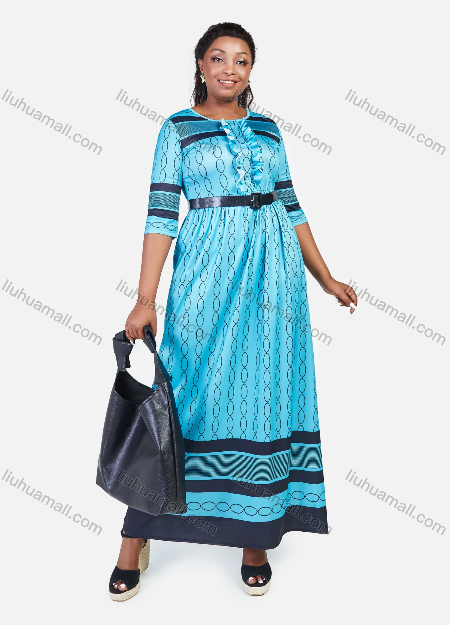 Wholesale Women's Elegant Plus Size High Waist Allover Print Ruffle Trim Half Sleeve Maxi Dress - Liuhuamall