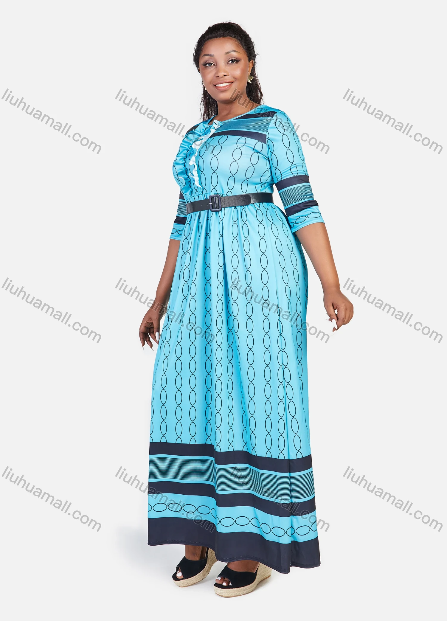 Wholesale Women's Elegant Plus Size High Waist Allover Print Ruffle Trim Half Sleeve Maxi Dress - Liuhuamall