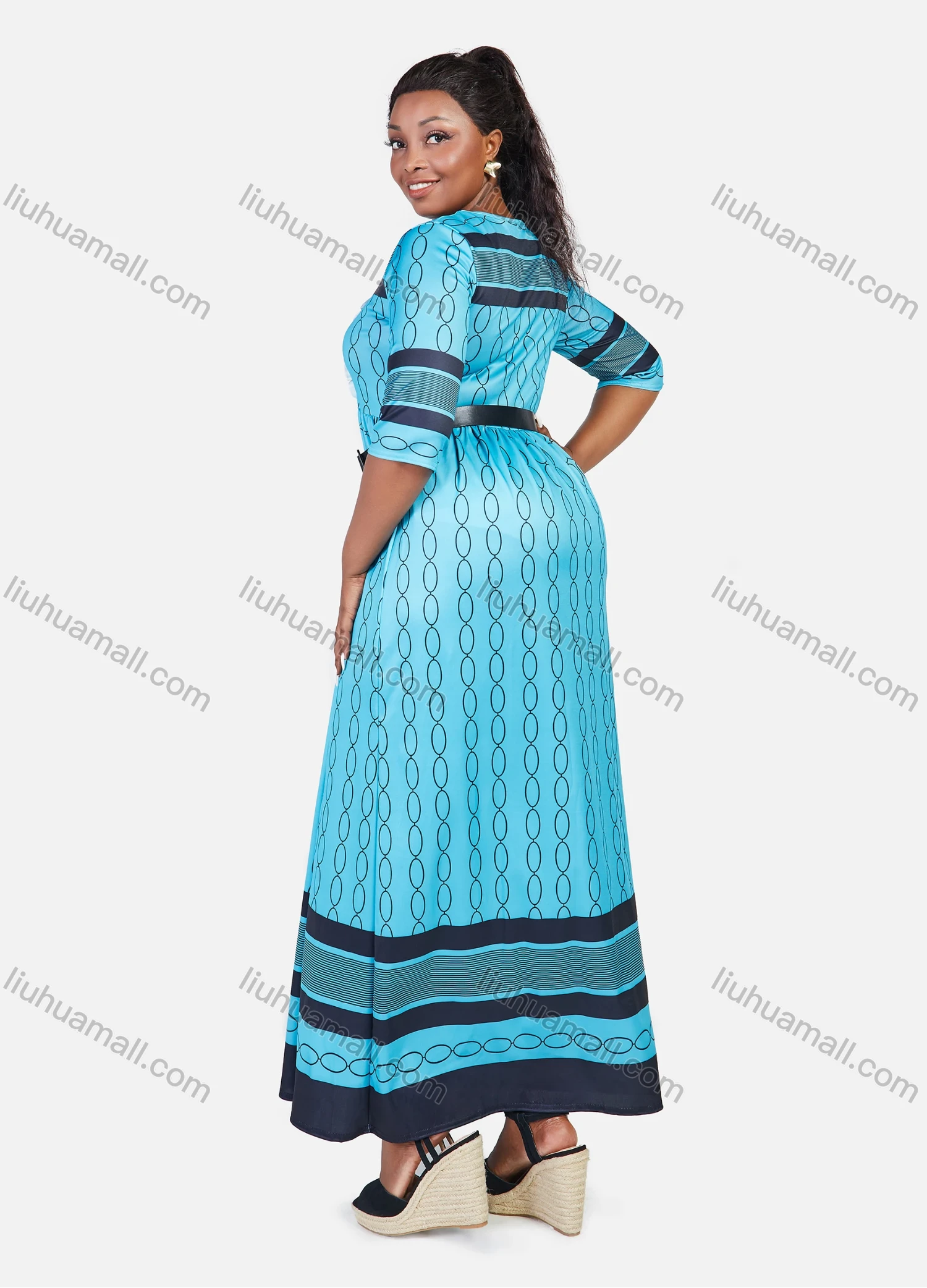 Wholesale Women's Elegant Plus Size High Waist Allover Print Ruffle Trim Half Sleeve Maxi Dress - Liuhuamall