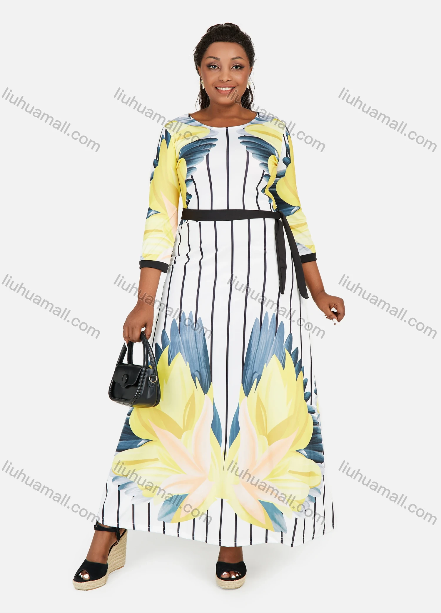 Wholesale Women's Plus Size Floral & Striped Print High Waist Slim Fit 3/4 Sleeve Maxi Dress With Belt - Liuhuamall