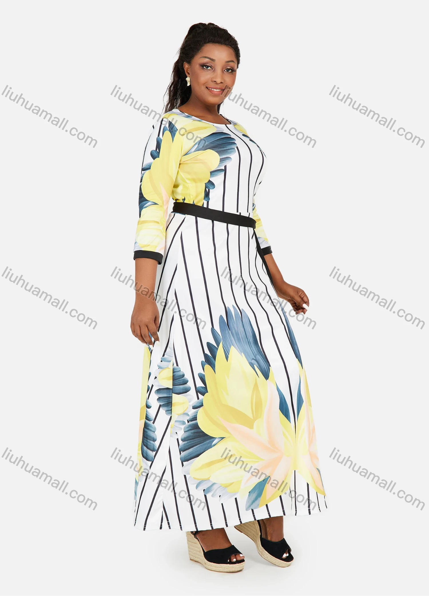 Wholesale Women's Plus Size Floral & Striped Print High Waist Slim Fit 3/4 Sleeve Maxi Dress With Belt - Liuhuamall