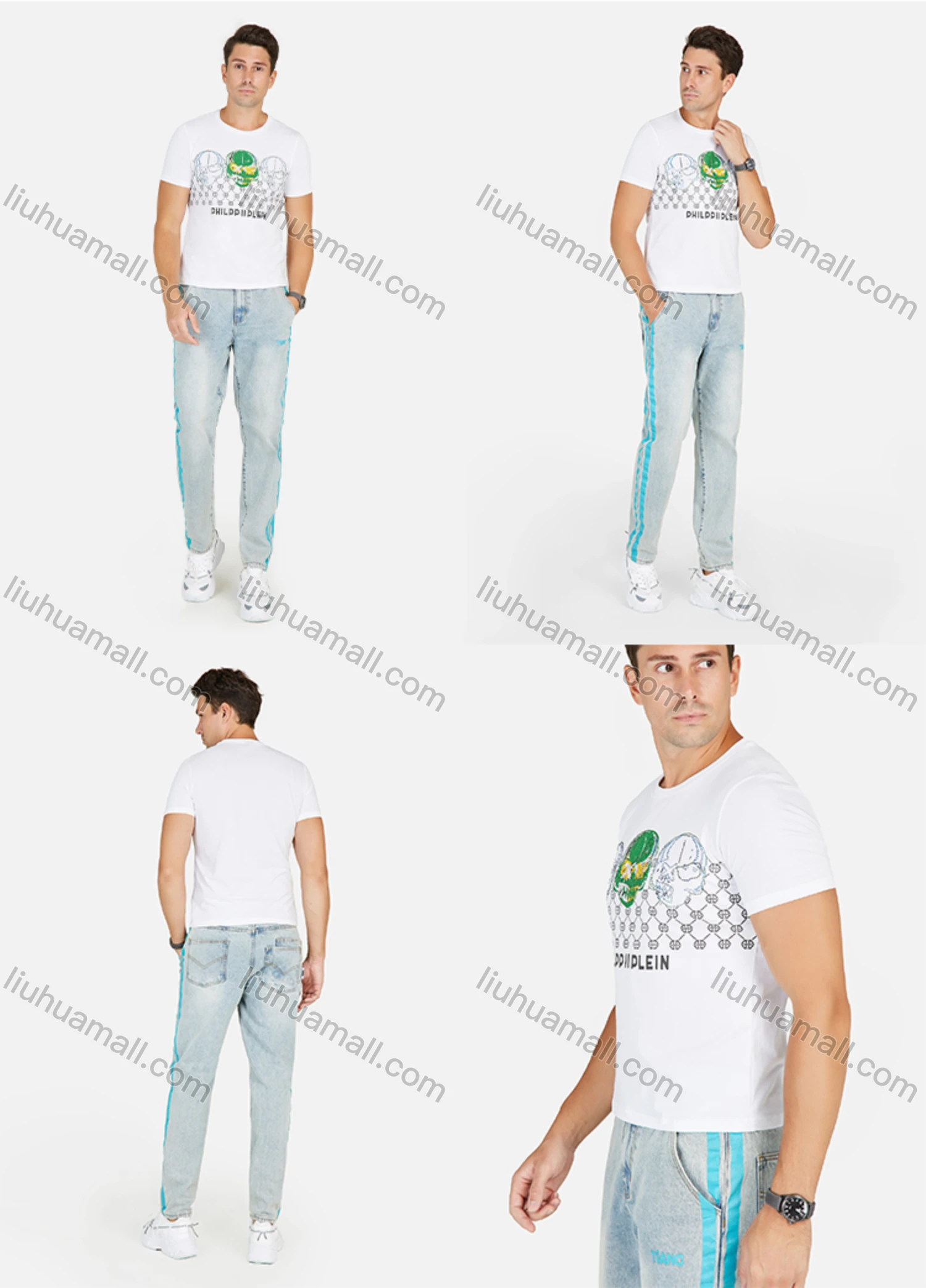 Wholesale Men's Rhinestone Skull Graphic Round Neck Slim Fit Tee - Liuhuamall