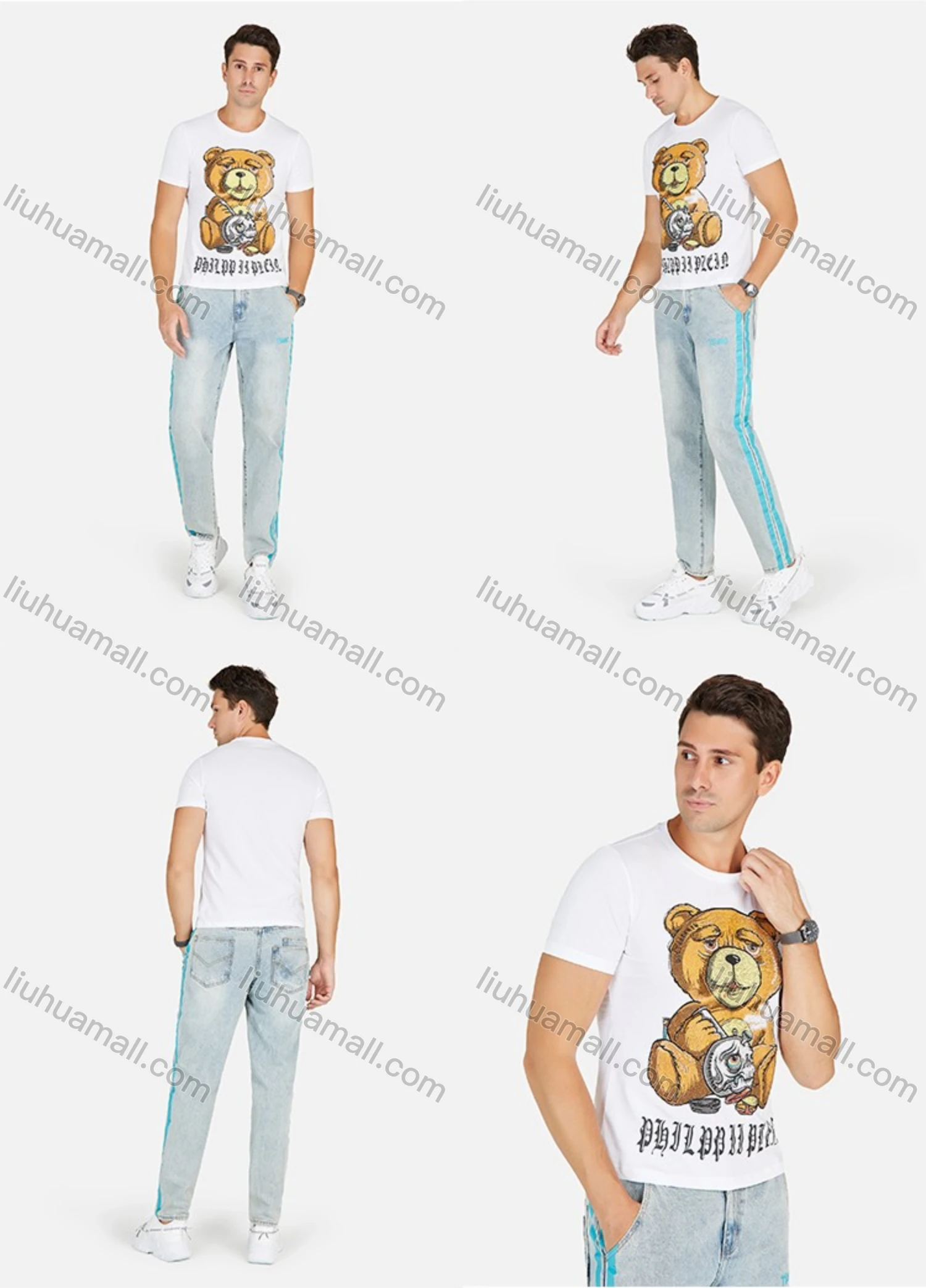 Wholesale Men's Rhinestone Bear Graphic Round Neck Slim Fit Casaul Tee - Liuhuamall