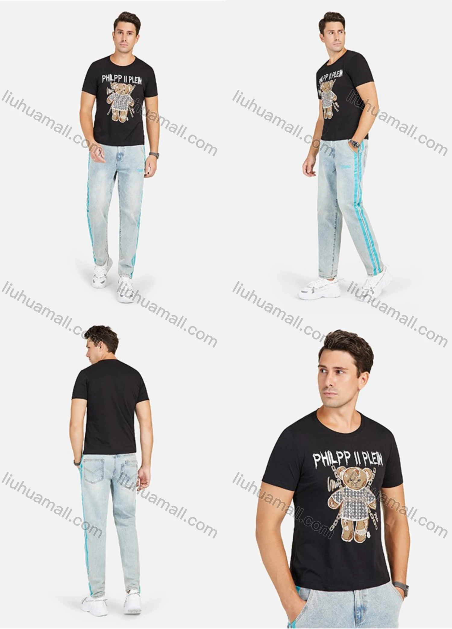 Wholesale Men's Rhinestone Teddy Bear Graphic Slim Fit Tee - Liuhuamall