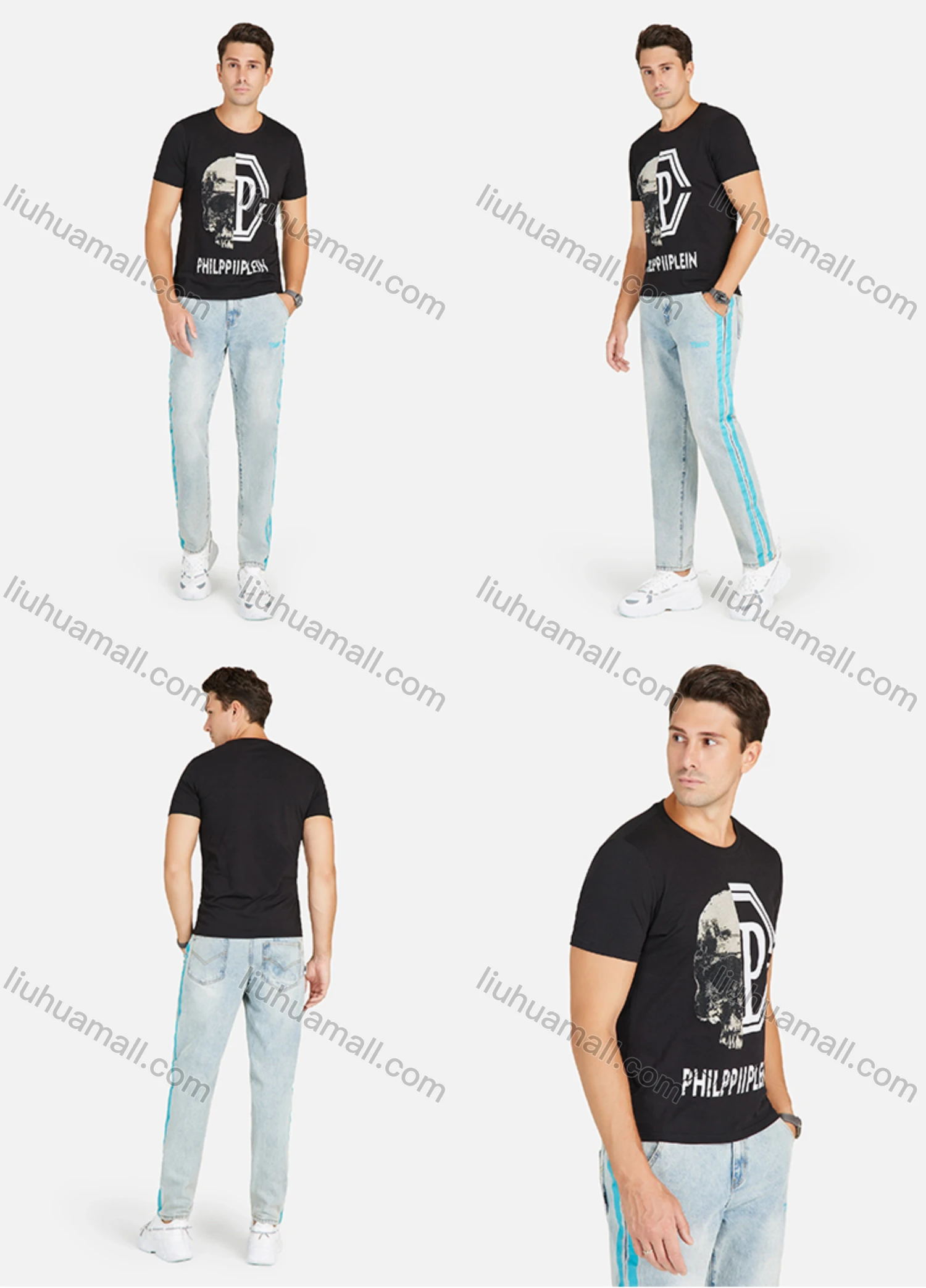 Wholesale Men's Round Neck Rhinestone Skull Letter Graphic Slim Fit Tee - Liuhuamall